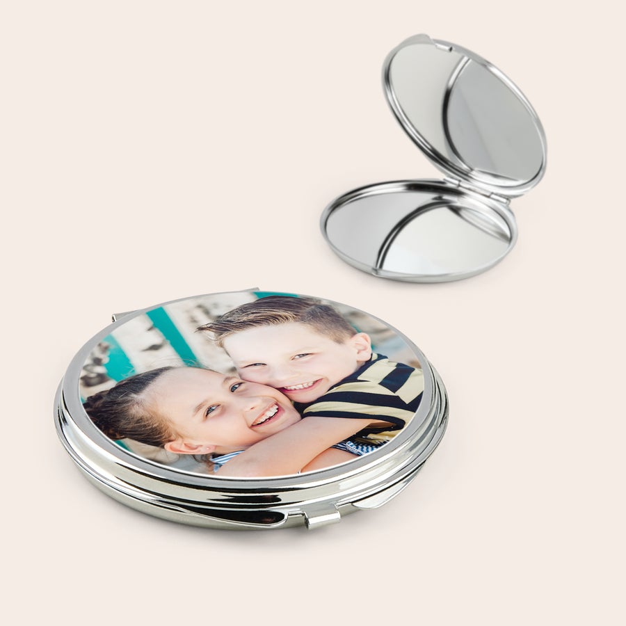 Make-up Mirror A unique make-up mirror printed with a photo of two smiling children, as a personalized gift.