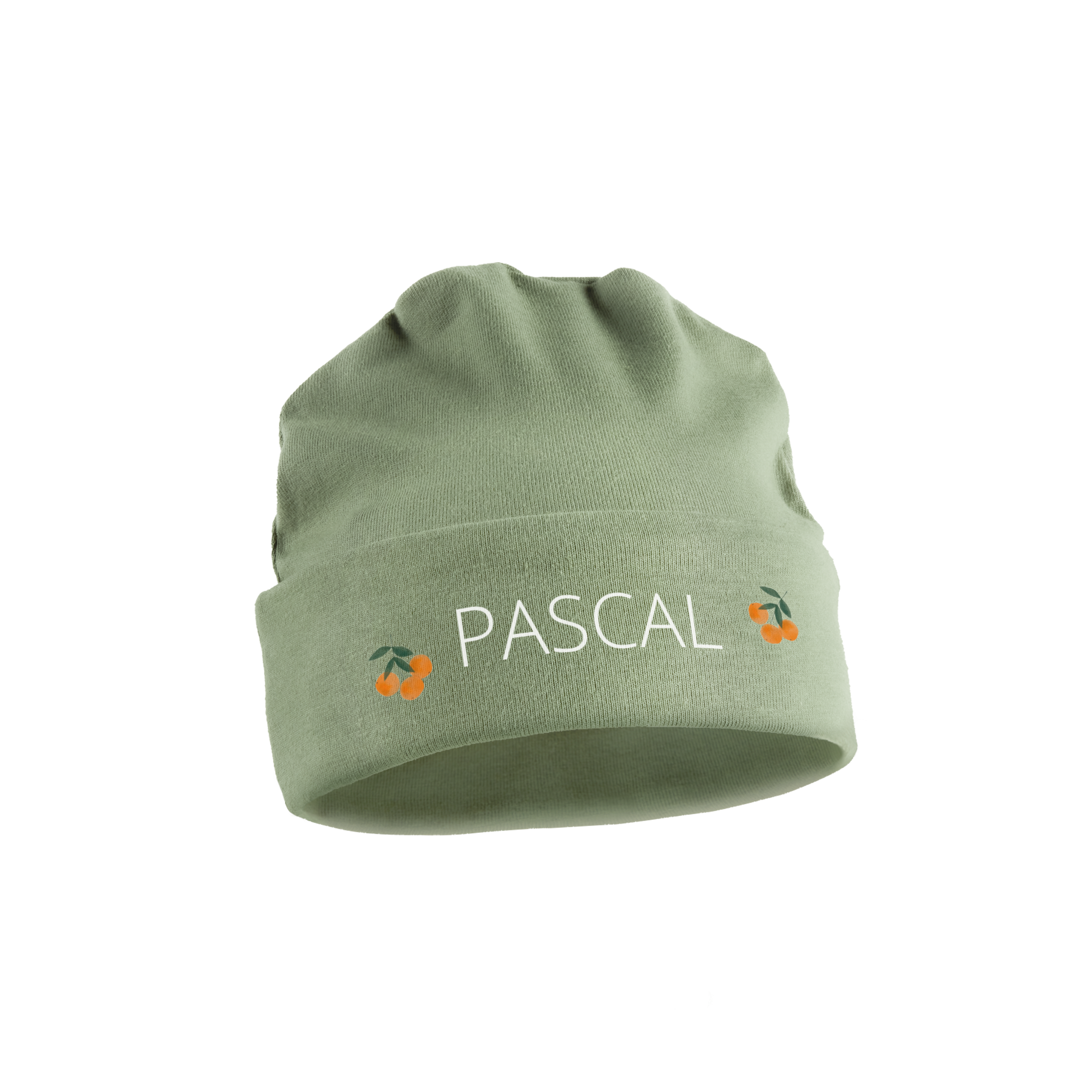 Bonnet bébé vert personnalisé imprimé avec le prénom Pascal et des motifs d'oranges