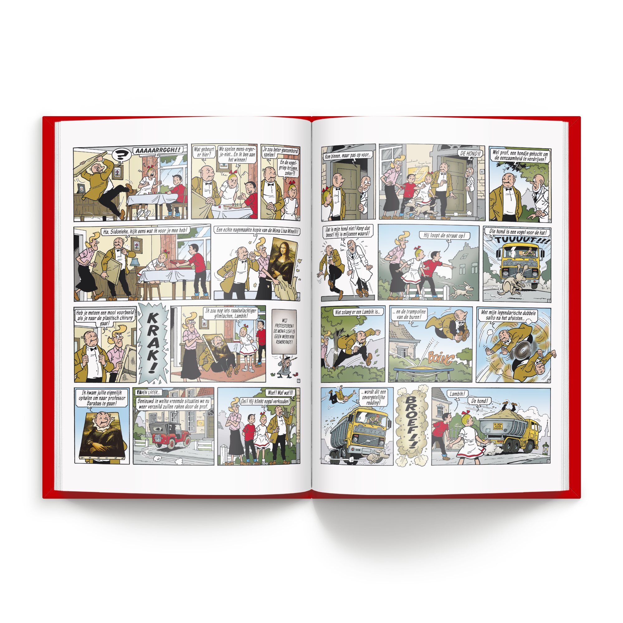 Persoonlijk Suske en Wiske 'De Nachtwachtbrigade' hardcover stripboek geopend met een levendige strippagina, klaar om met naam te personaliseren.