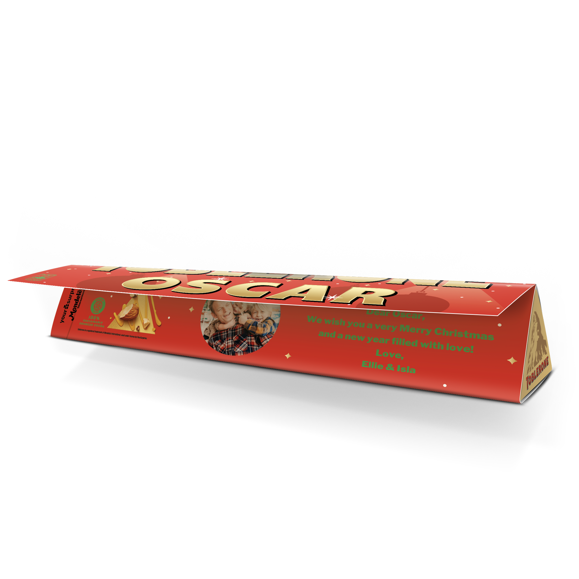 Jule Toblerone med Oscar og et familiebilde, personlig tilpasset med hilsen og trykket design