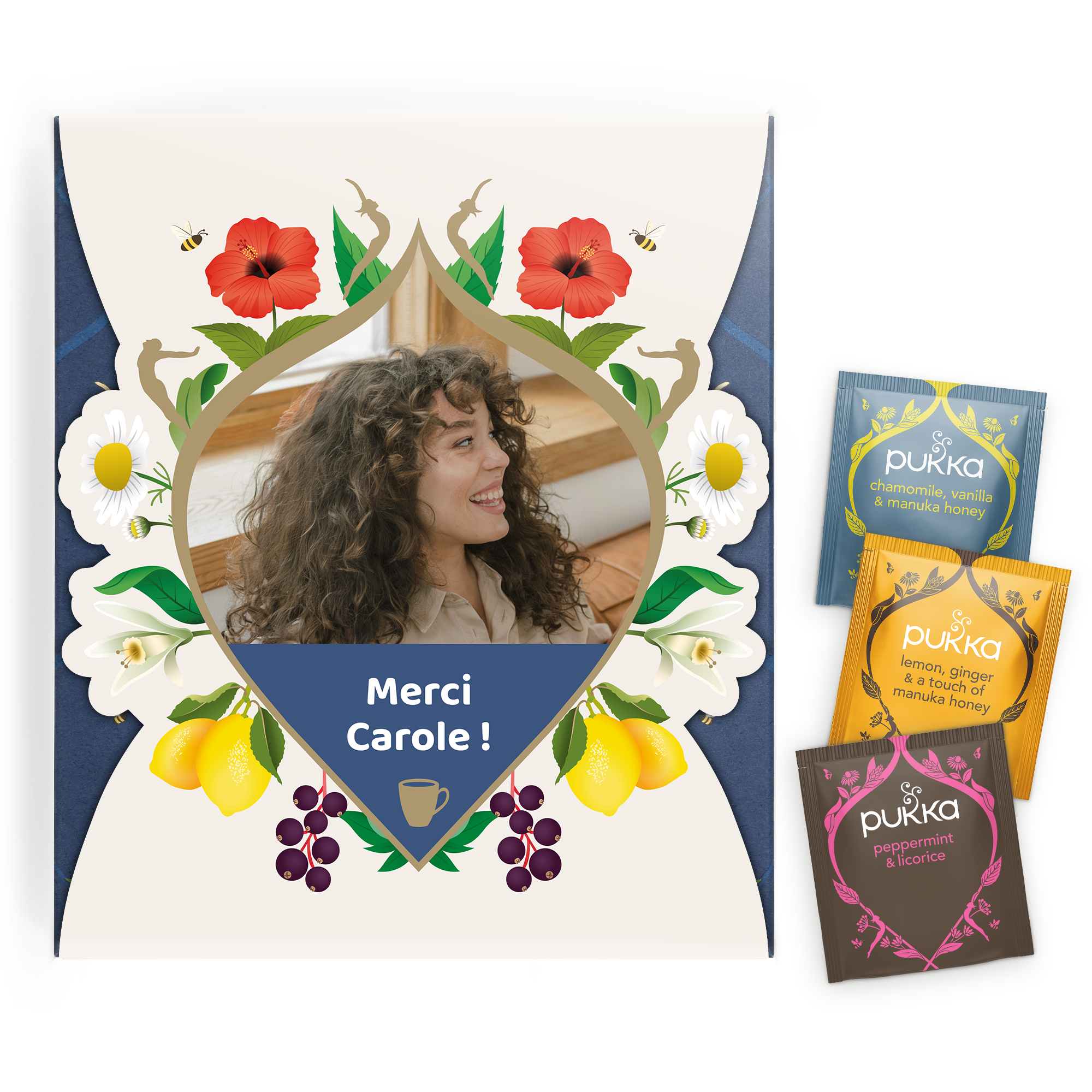 Coffret cadeau de thés Pukka personnalisé avec une photo et le message Merci Carole imprimé