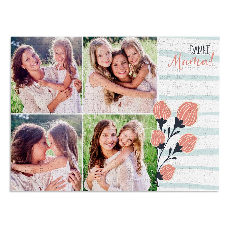 Personalisiertes Muttertag-Puzzle mit Fotos einer Mutter mit ihren Töchtern, "Danke Mama!" Text und floralem Design gedruckt.