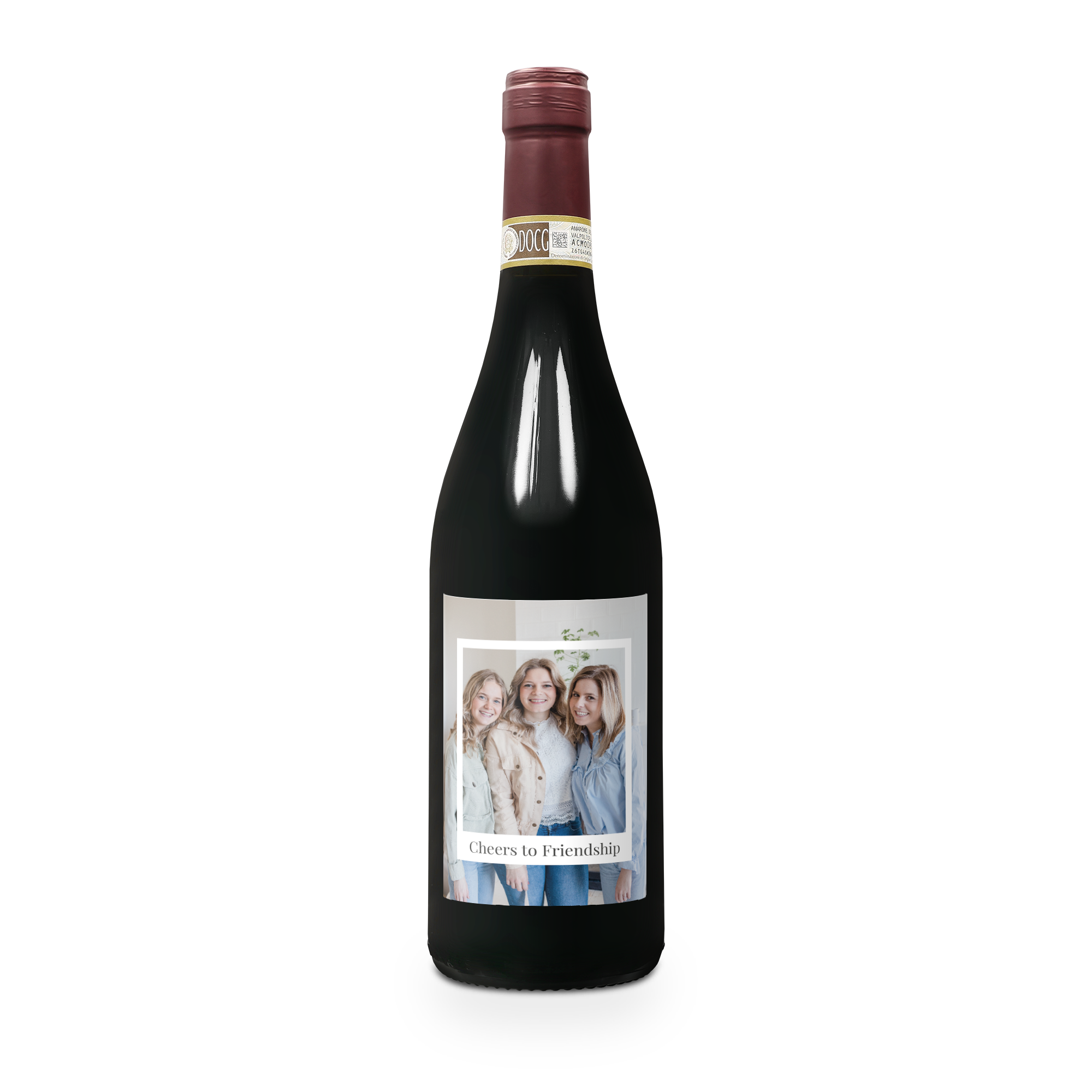 Bottiglia di vino rosso Amarone DOCG con etichetta personalizzata con foto e testo Cheers to Friendship Un vino superbo per un regalo eccezionale