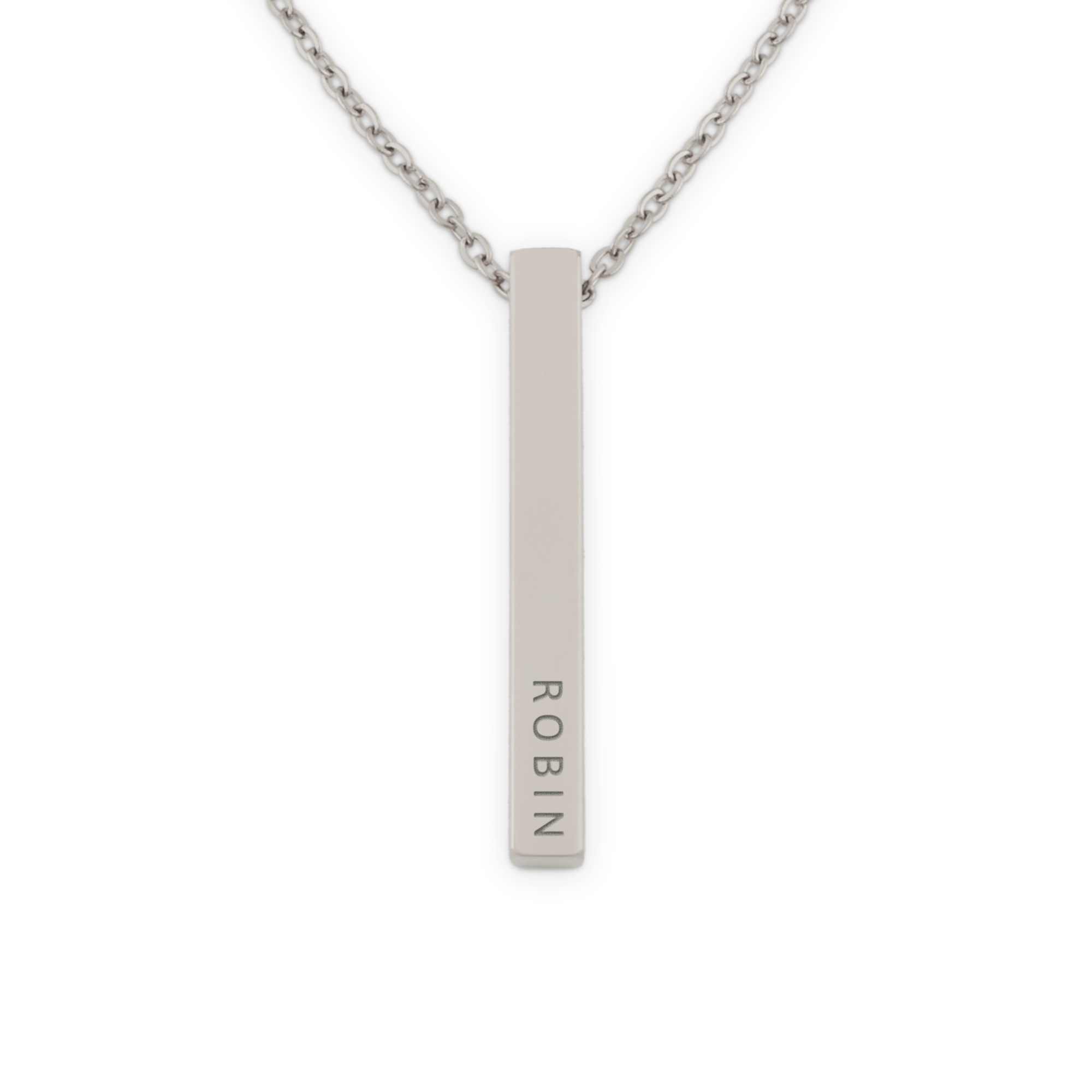 Silberne personalisierte Kette mit Plättchen, graviert mit dem Namen ROBIN