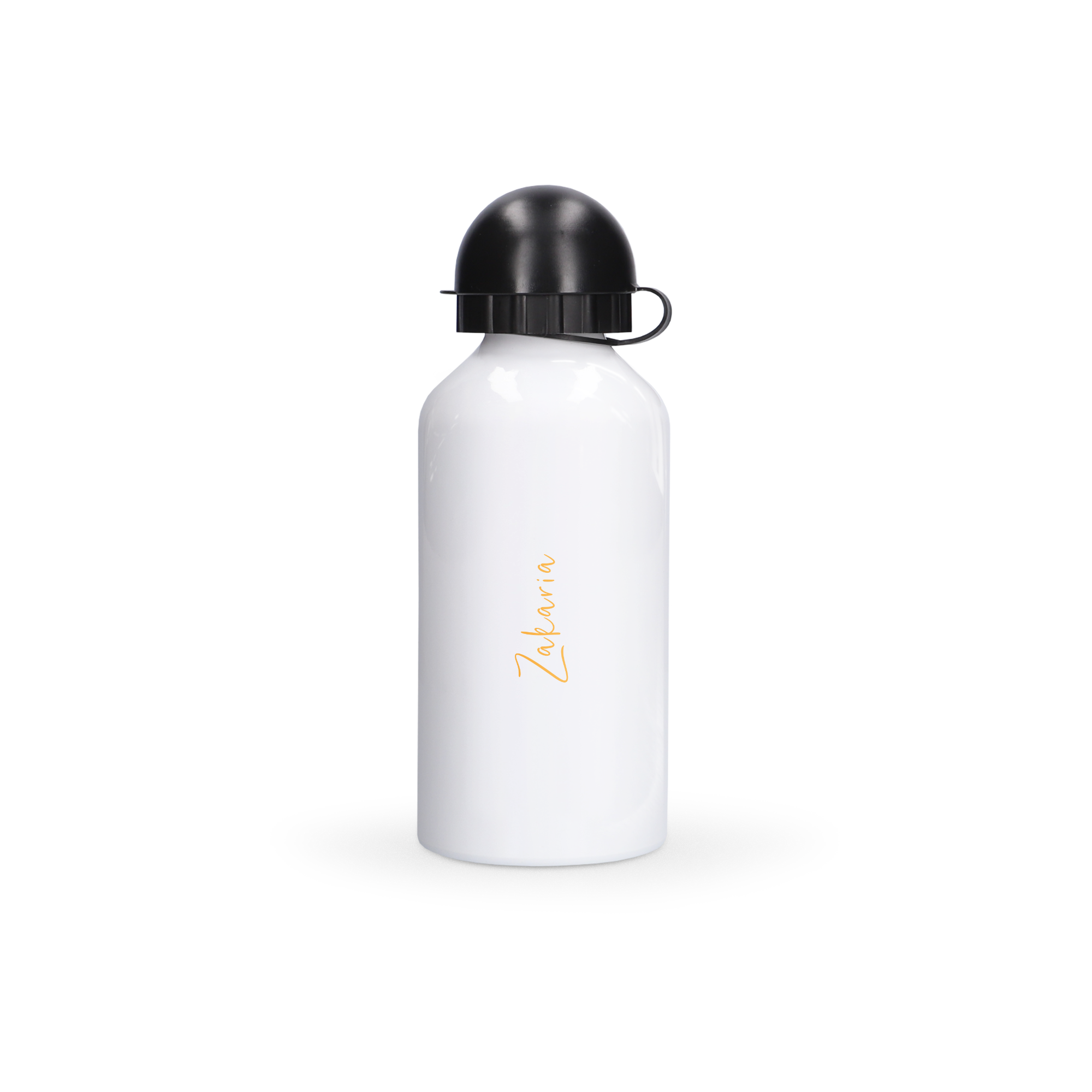 Gourde personnalisée blanche en aluminium avec prénom Zakaria imprimé en orange et bouchon noir