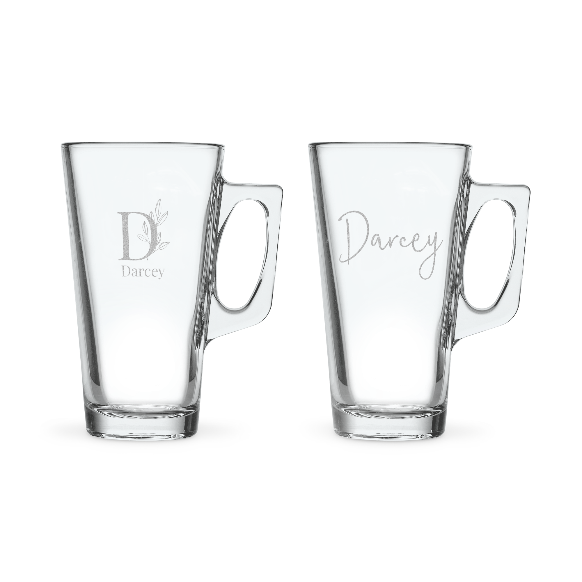 Pair of personalised latte macchiato glasses, engraved with the name Darcey in two different fonts.