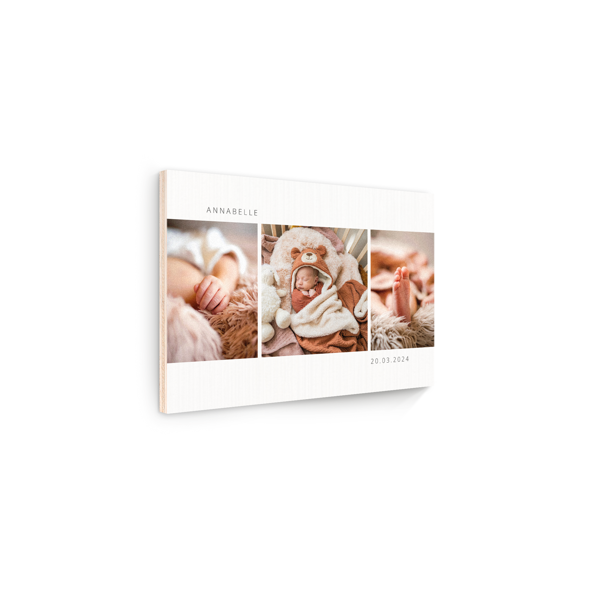 Ihr Foto auf Holz mit drei personalisierten Neugeborenenfotos, Annabelle und Geburtsdatum 20.03.2024