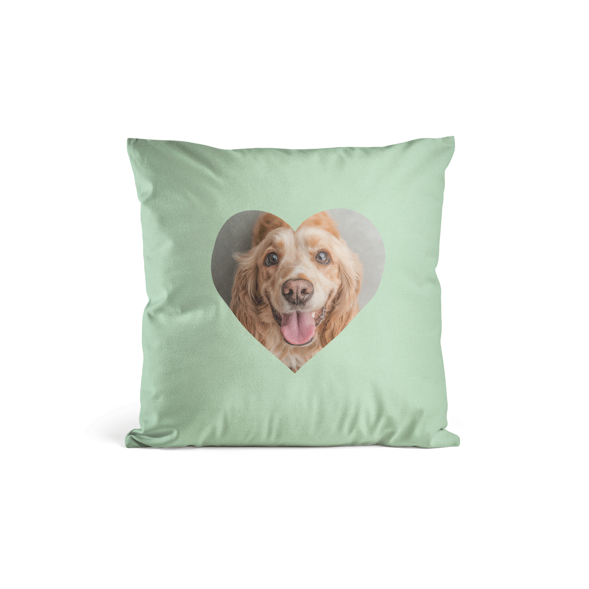 Almofada verde menta com foto impressa de cachorro em forma de coração, transforme qualquer espaço com uma almofada lindamente personalizada