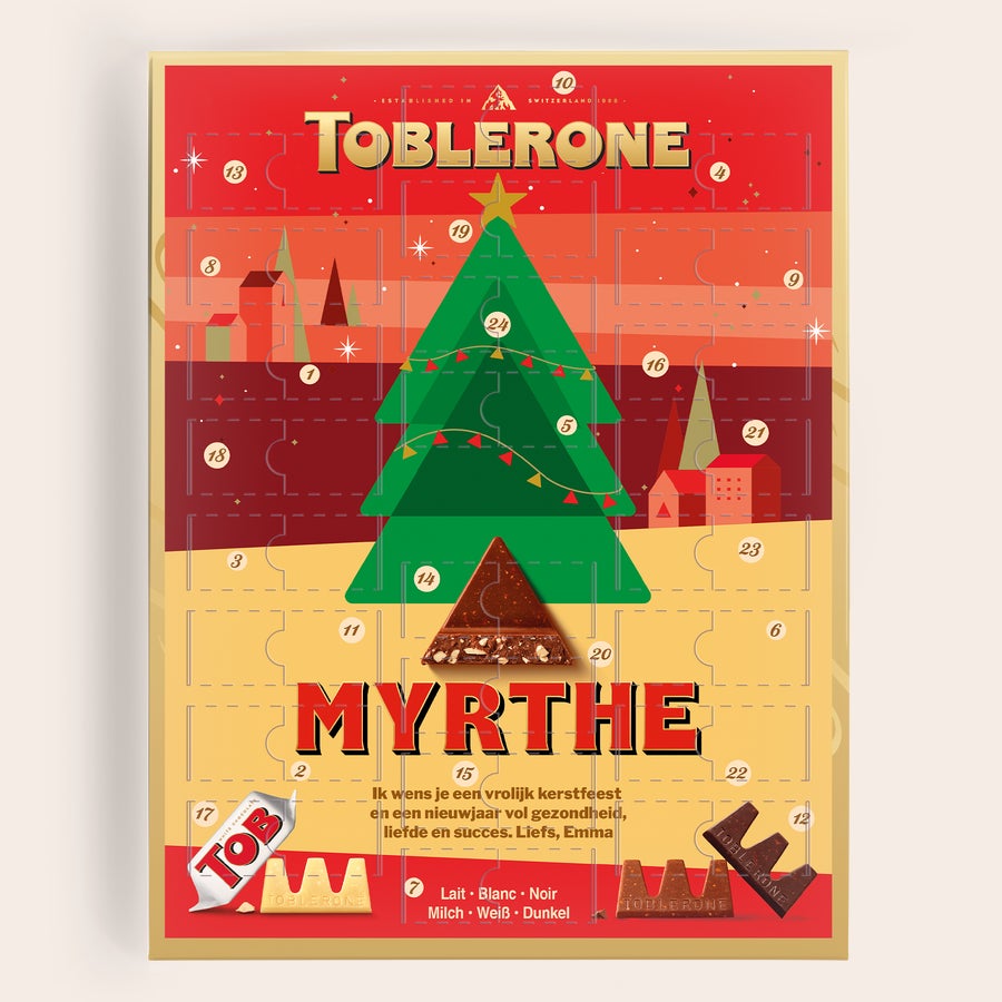 Toblerone adventskalender 2025 Toblerone adventskalender bedrukt met de naam Myrthe en persoonlijke kerstwens