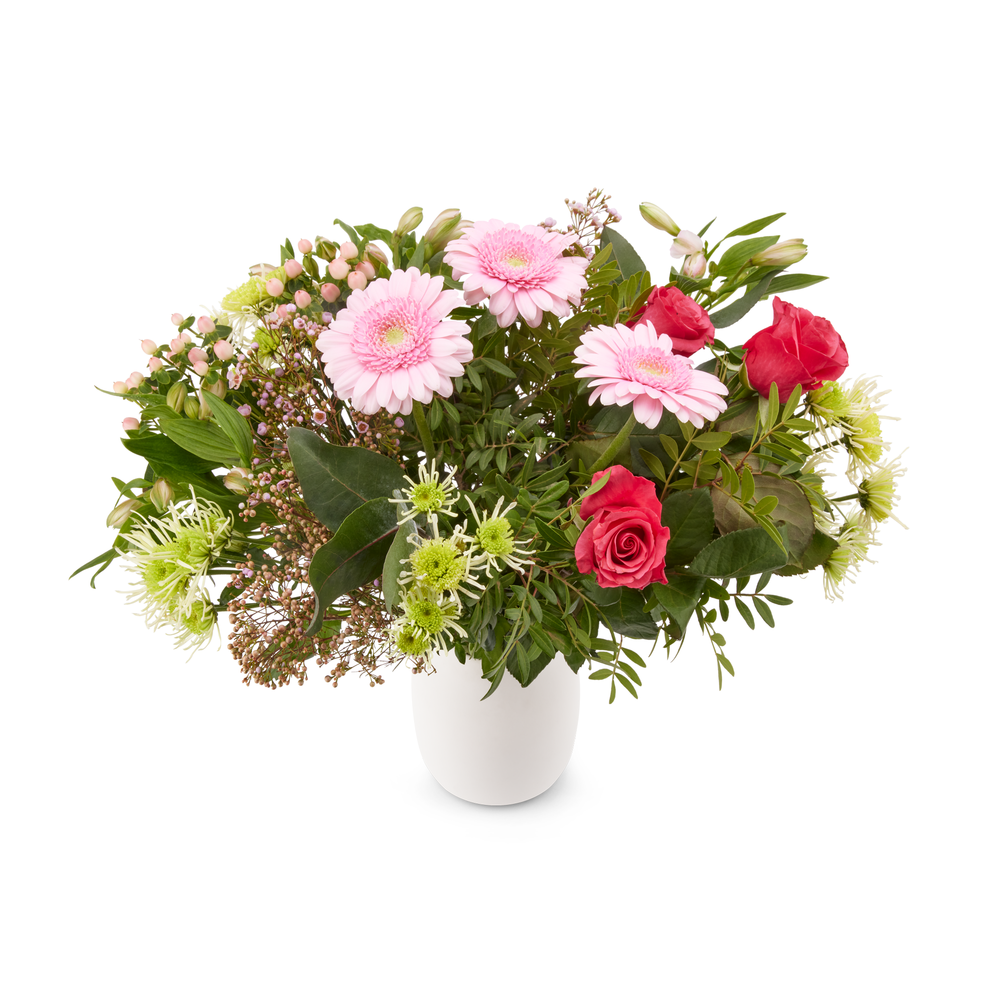 Prachtig boeket met roze gerbera’s, rode rozen en diverse groene bloemen en bladeren, te bezorgen met gratis cadeaukaartje.