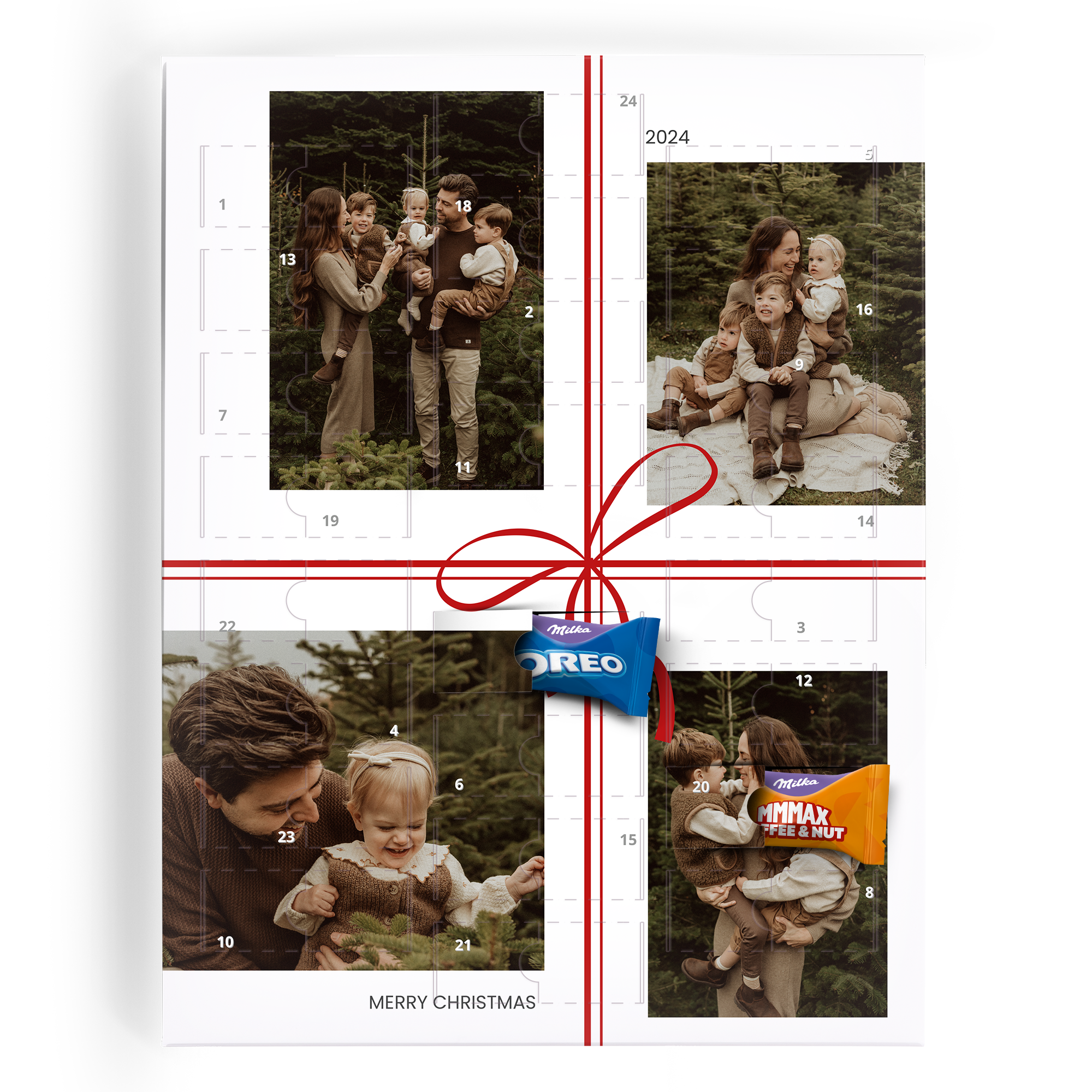 Calendário do advento personalizado com foto de família e chocolates Milka para faça a contagem regressiva para o Natal