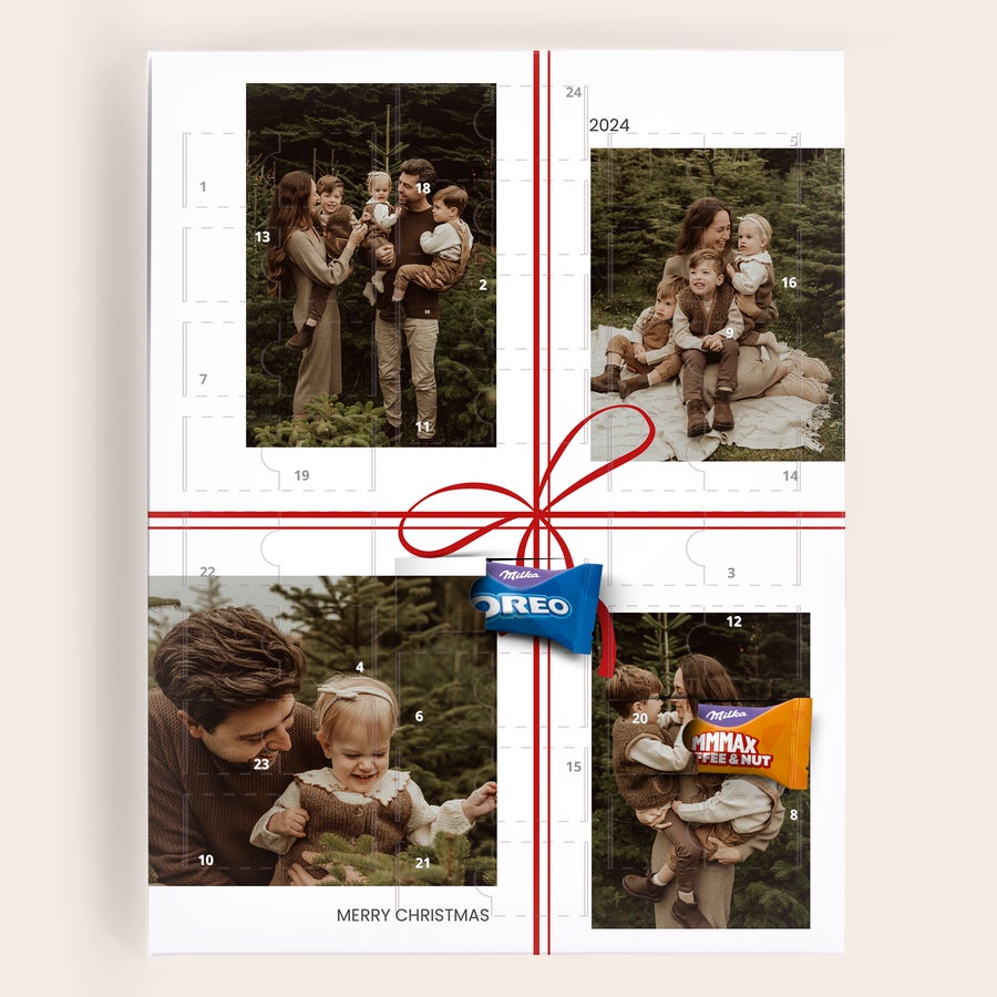 Calendário do Advento - Milka Favourites Calendário do advento personalizado com foto de família e chocolates Milka para faça a contagem regressiva para o Natal