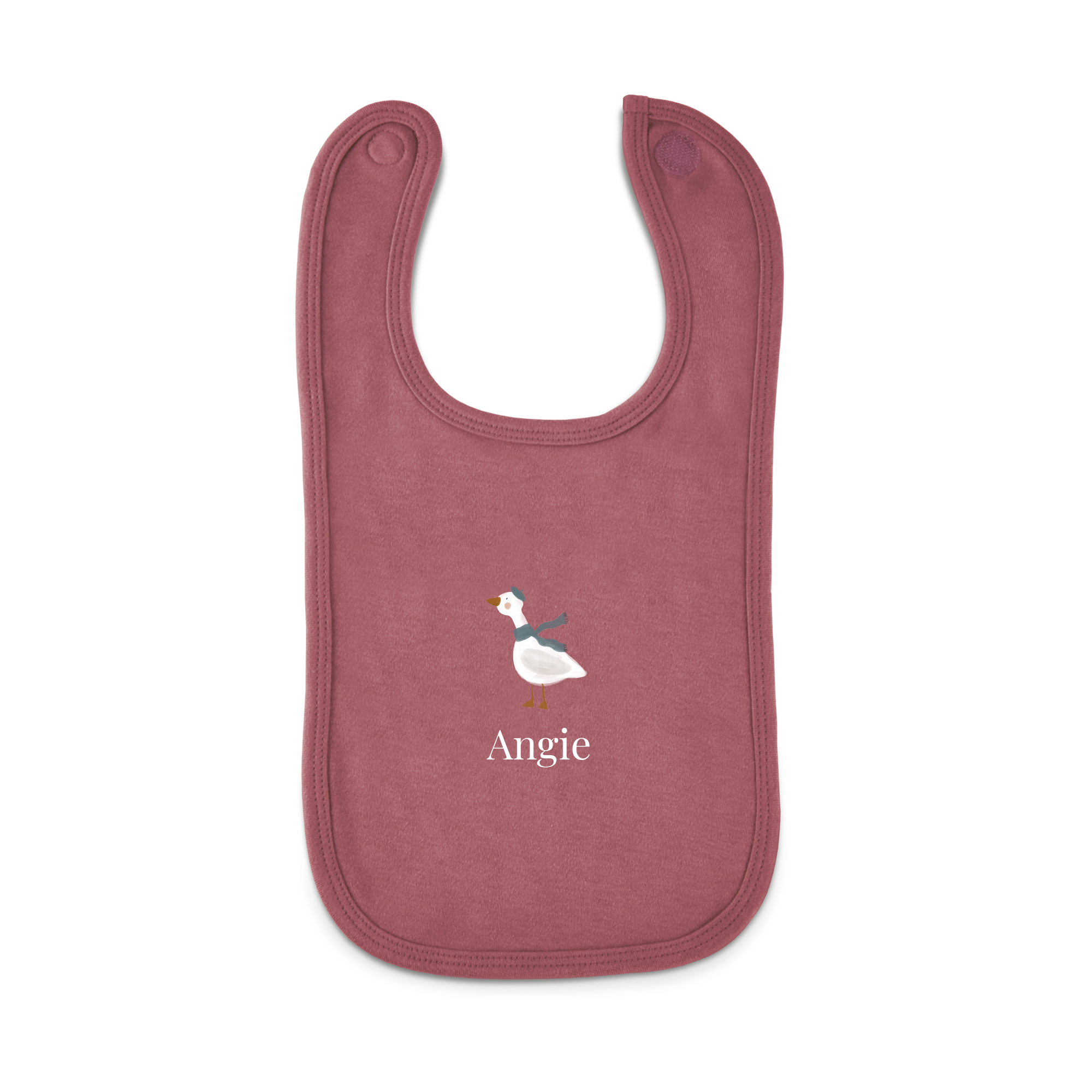 Bavoir personnalisé rose avec un canard et le nom Angie imprimé.