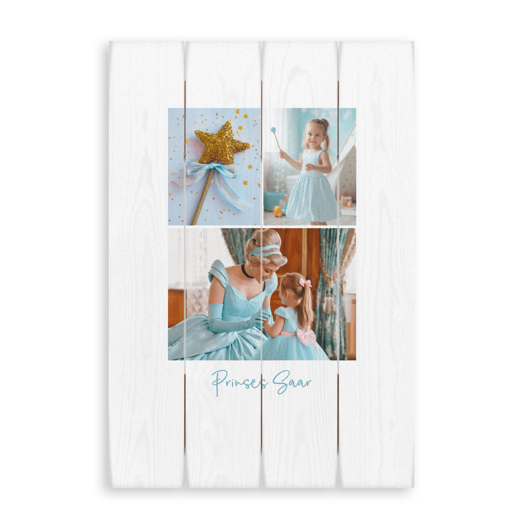 Houten fotopaneel met drie foto's van een meisje als prinses en de naam Prinses Saar, gedrukt op hout.