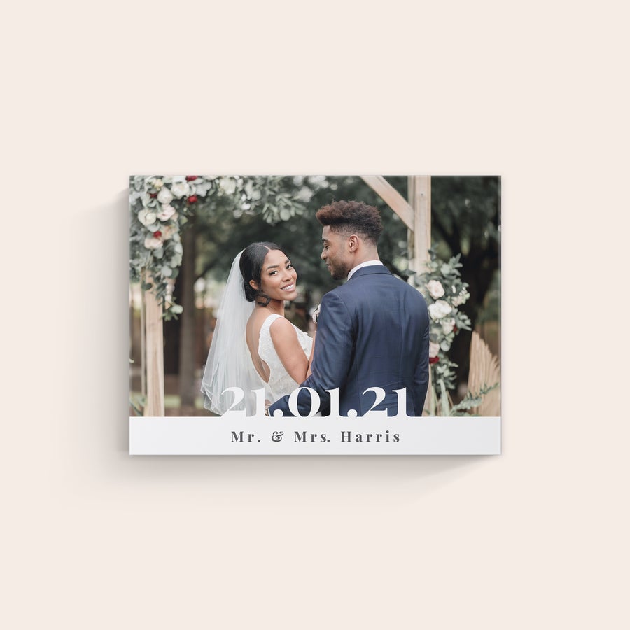 Stampa su Tela Personalizzata Tela personalizzata con foto di sposi, data di matrimonio 21.01.21 e nomi Mr & Mrs Harris stampata