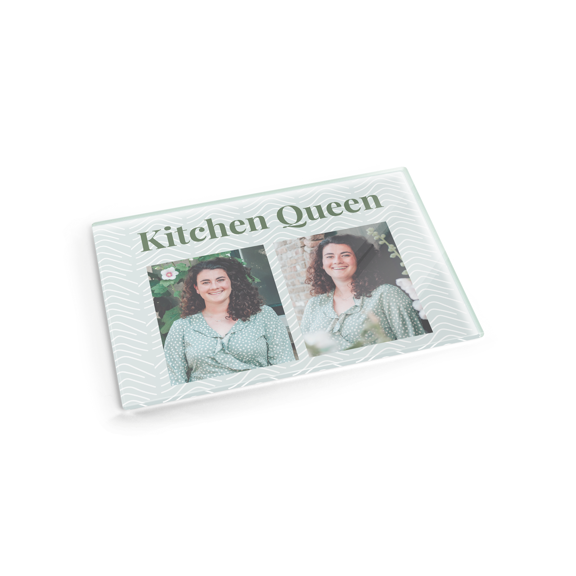 Personalizirana steklena deska za rezanje s fotografijami in besedilom Kitchen Queen natisnjena na deski