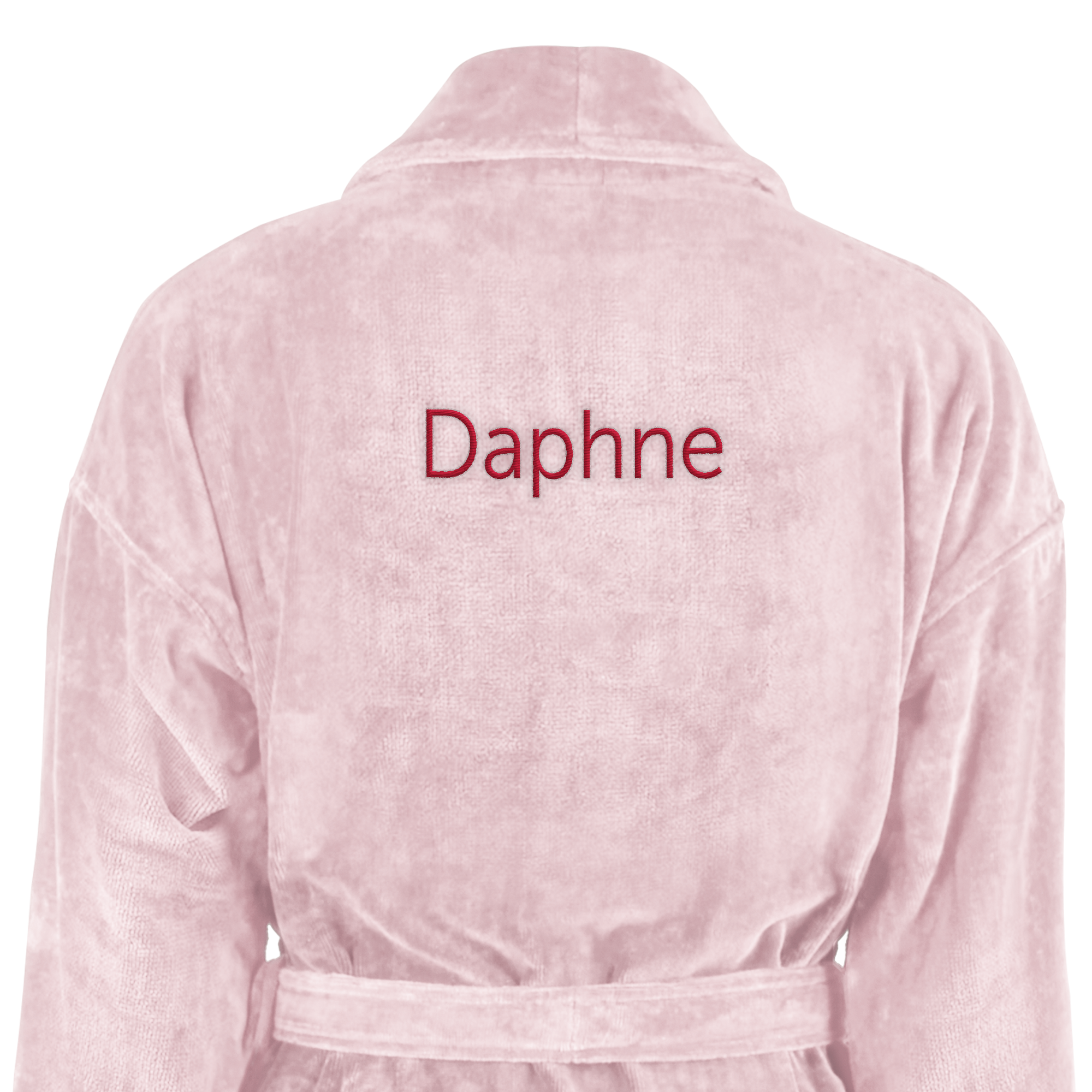 Roze badstof dames badjas met naam Daphne in donkerrood geborduurd, om cadeau te doen.