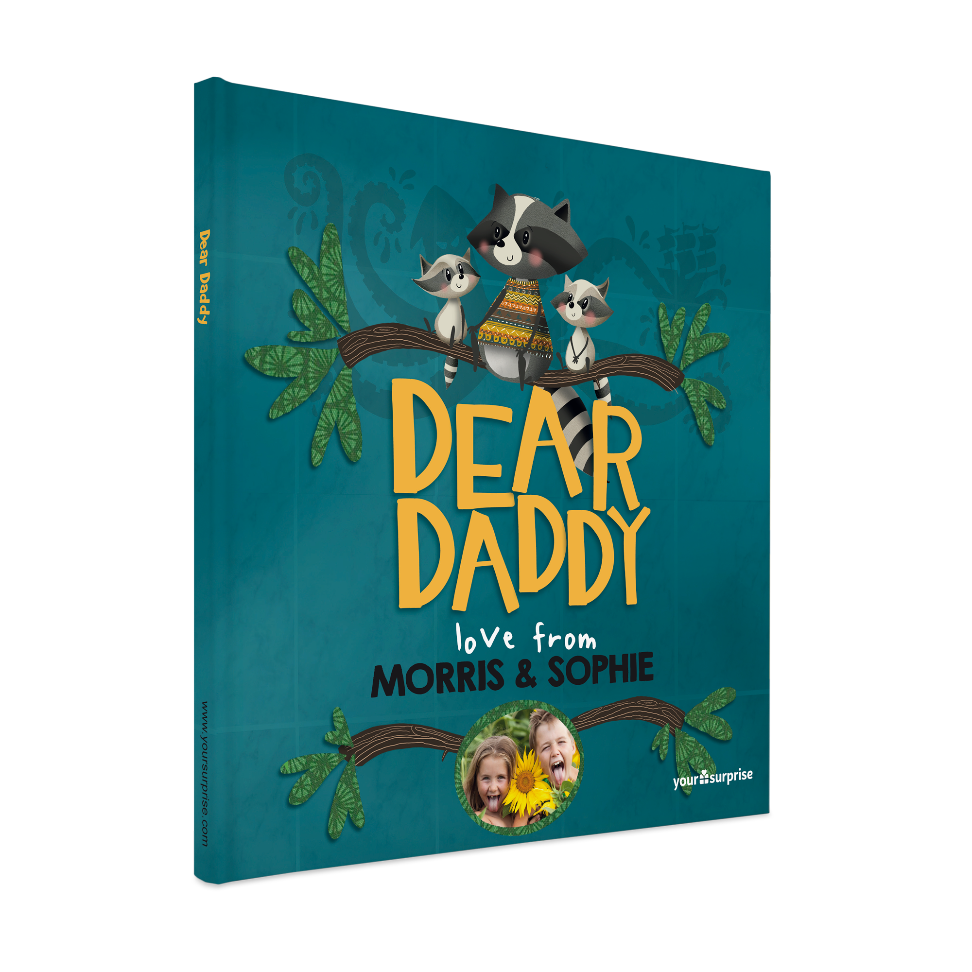 Personalized Dear Daddy book with raccoons on a branch and a photo of two children, printed with names Morris and Sophie