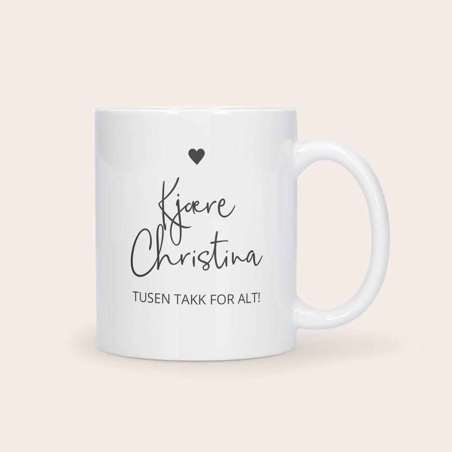 Morsdag kopp med bilde Hvit morsdagens kopp med bilde, trykt med navn Christina og tekst "Tusen takk for alt!".