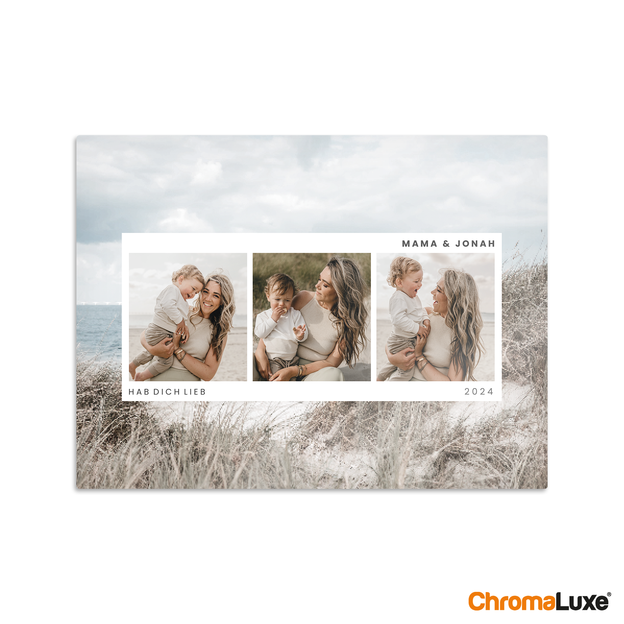 Fototafel mit drei Fotos einer Mutter mit Kind, bedruckt mit Text Mama & Jonah, Hab dich lieb und Jahreszahl 2024