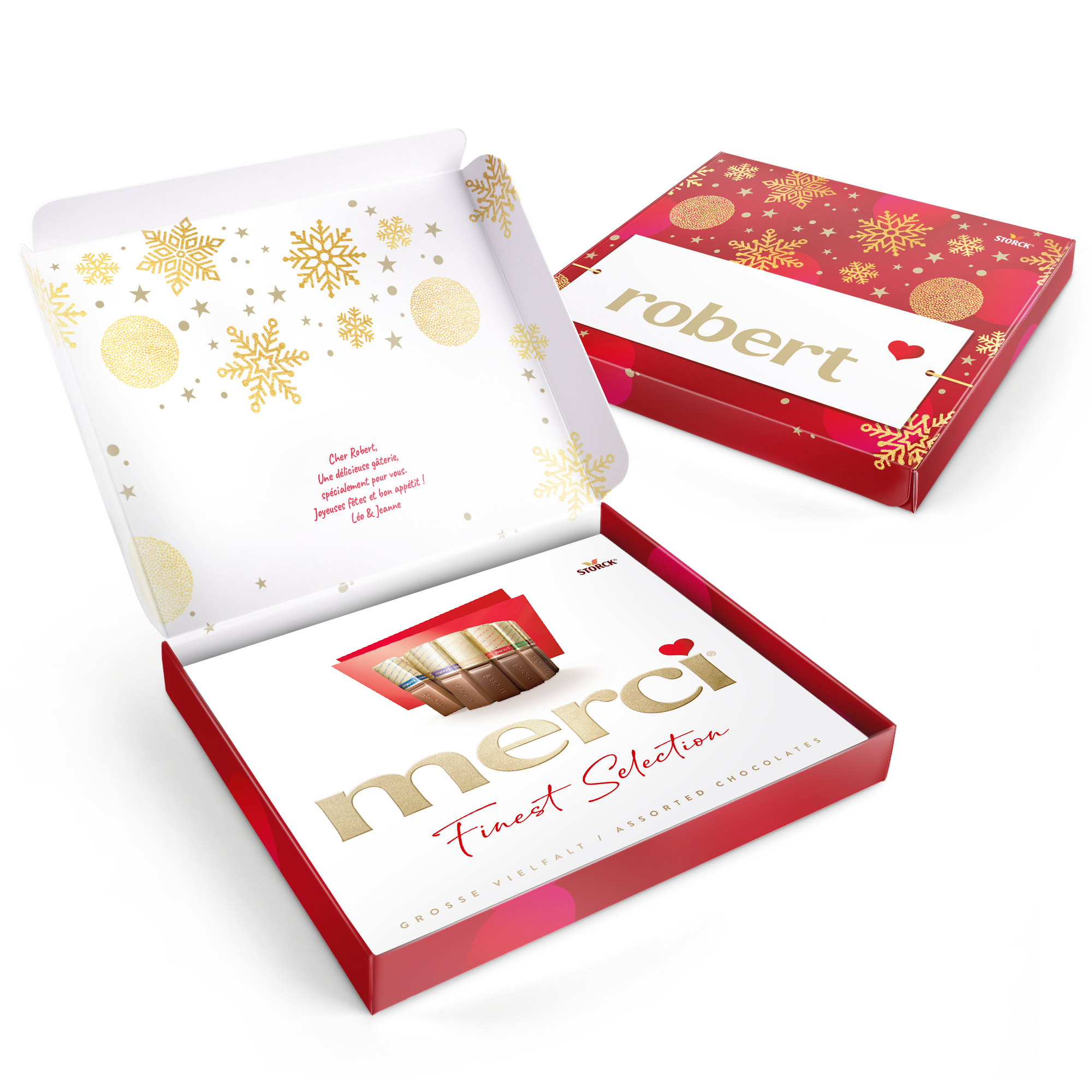 Chocolat Merci avec carte personnalisée - 250 grammes, emballé dans une boîte rouge avec des flocons dorés et un message imprimé 