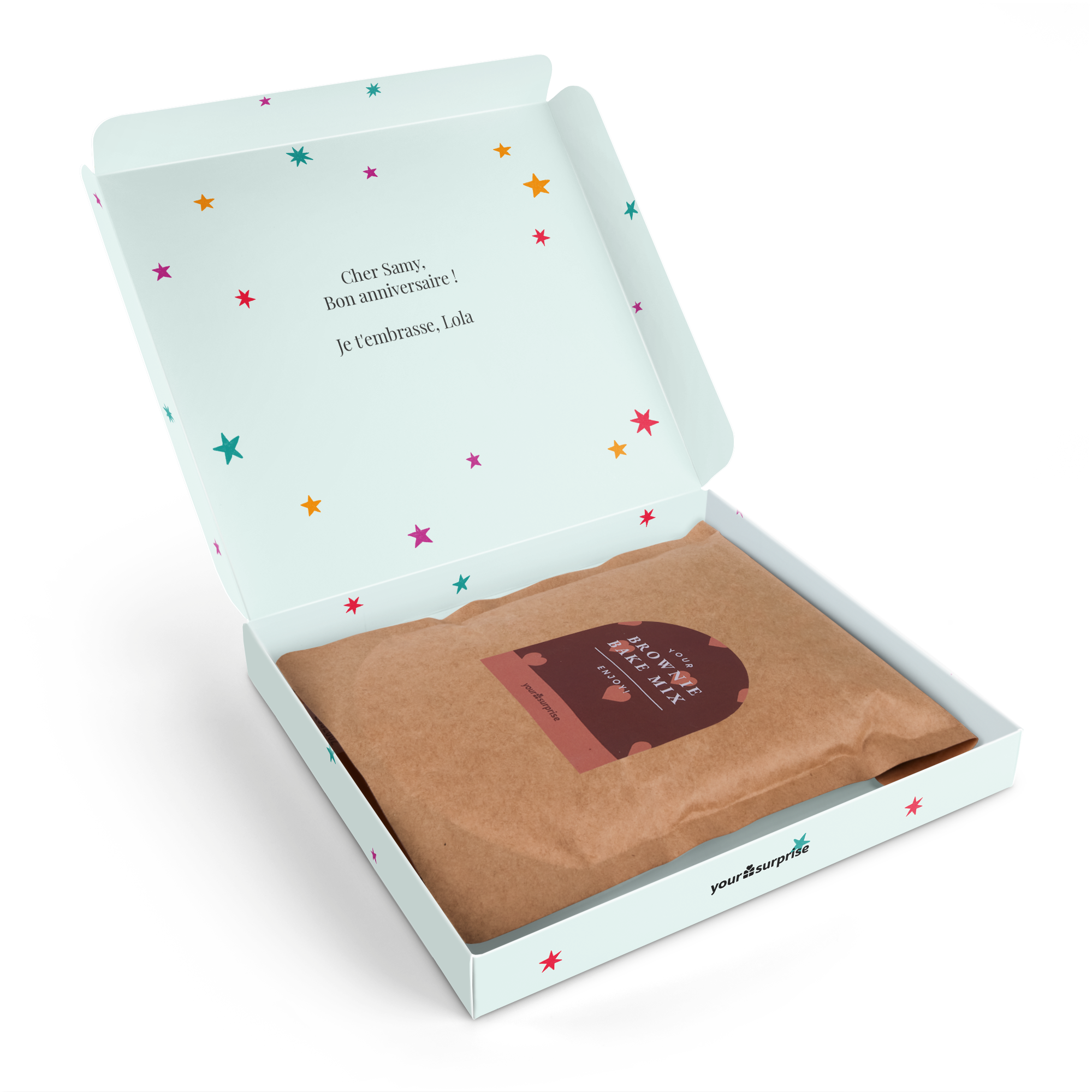 Boîte cadeau personnalisée plaisir de la pâtisserie avec mélange pour brownie, message Cher Samy Bon anniversaire