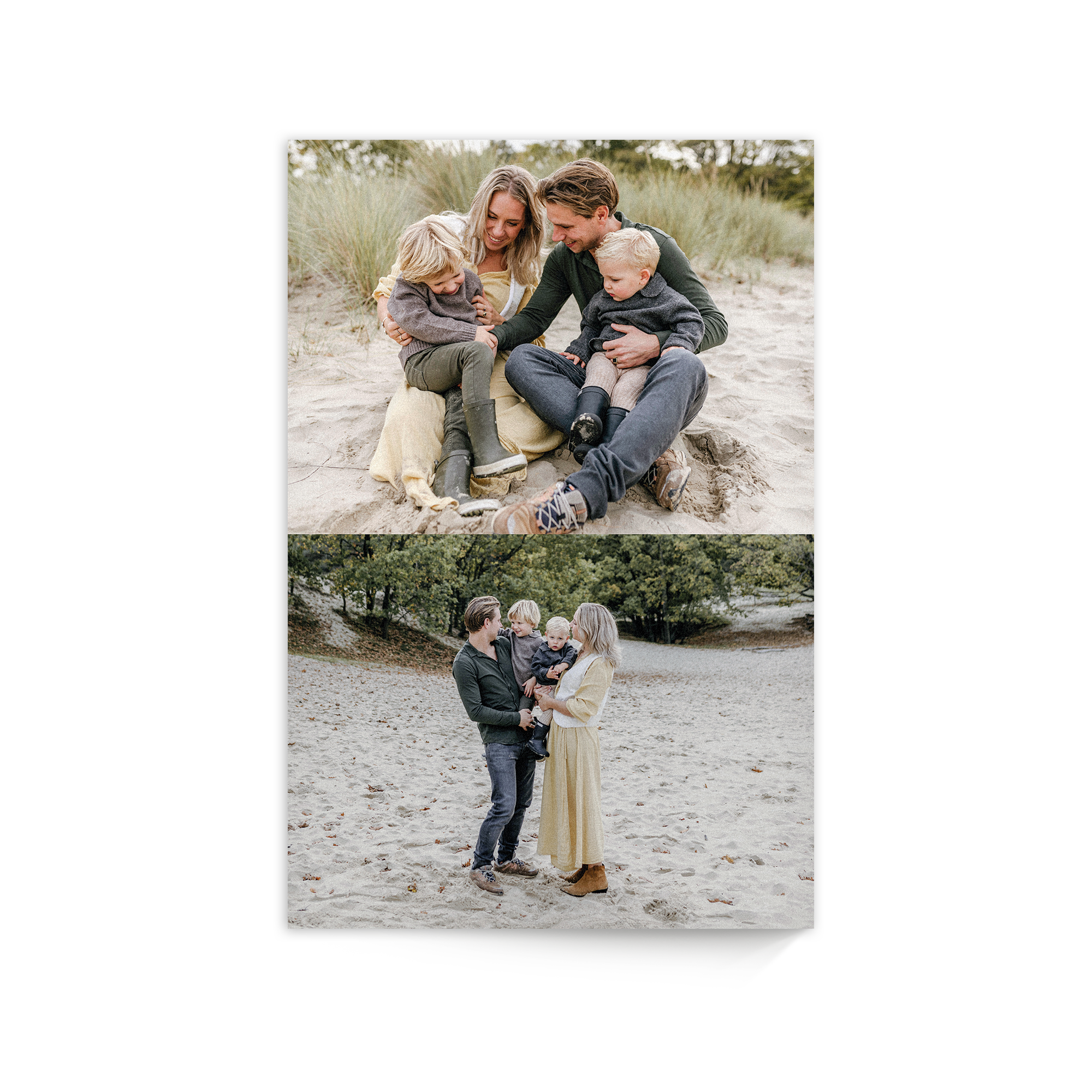 Personalized photo printed onto wood featuring a family with two children on a sandy beach