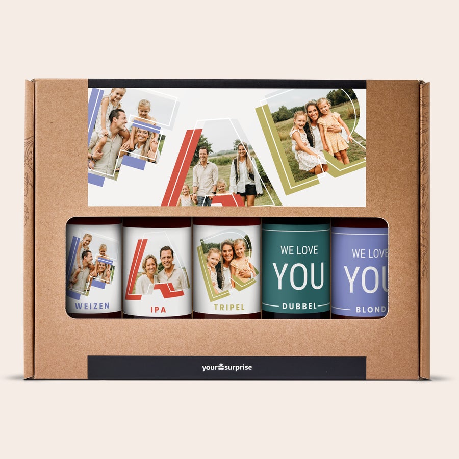 Din personliggjorte ølsamling Personlig ølsamling med egne billeder printet på etiketterne af 5 ølflasker og gaveæske