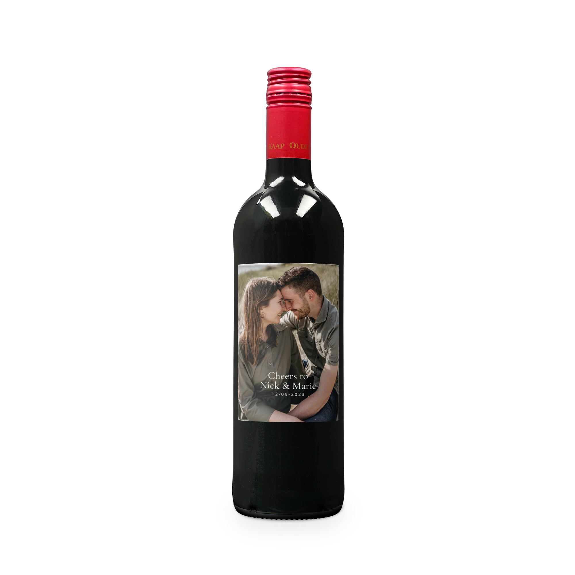 Oude Kaap red wine with a personalized custom made label featuring a photo and text reading Cheers to Nick & Marie 12-09-2023