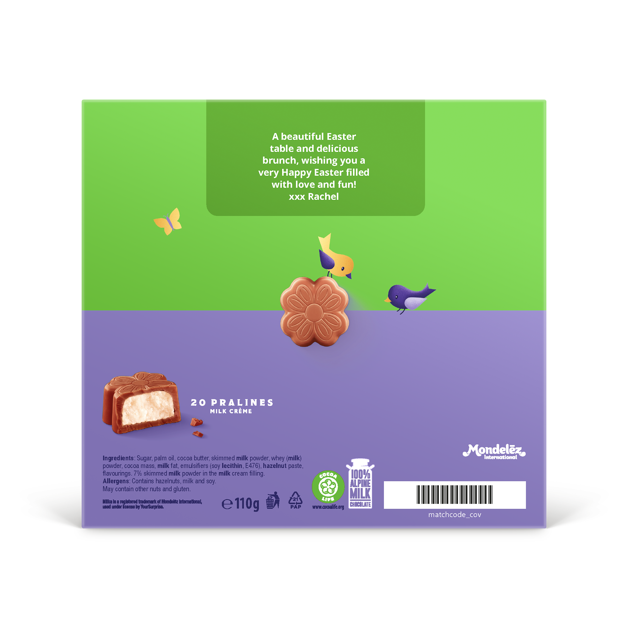 Caixa de presente Milka 3D personalizada - Páscoa com mensagem impressa "Happy Easter Rachel" em embalagem verde e roxa.
