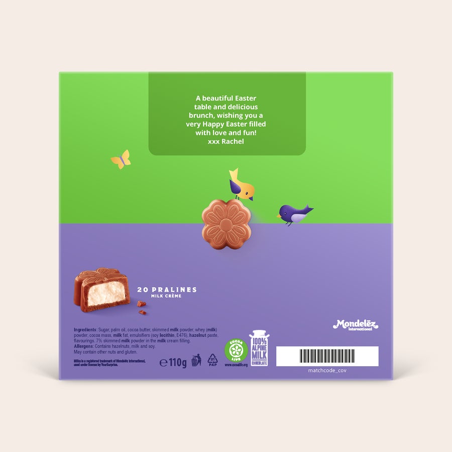 Henkilökohtainen Milka 3D -lahjarasia - pääsiäinen Henkilökohtainen Milka 3D -lahjarasia - pääsiäinen, painettu vihreä-violetti design pääsiäisteemalla ja omalla onnentoivotuksella "xxx Rachel".