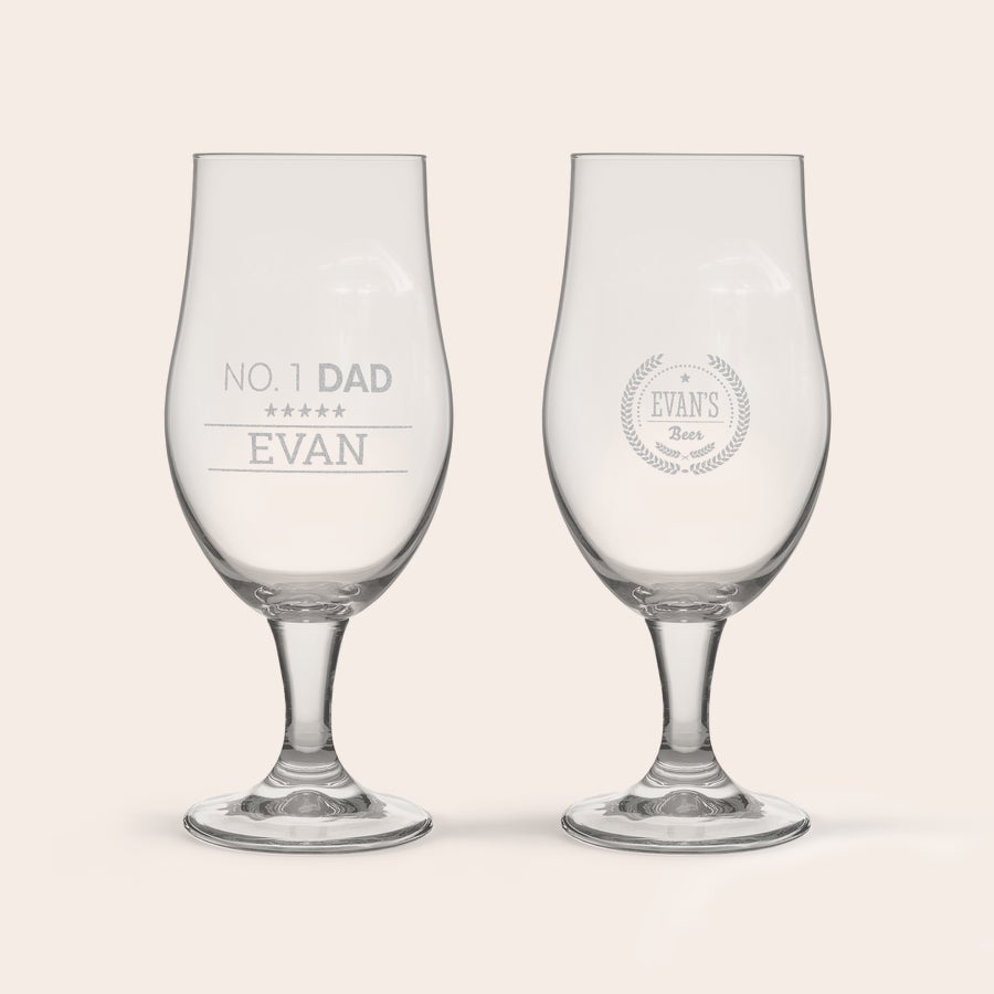 Personalised home beer brewing kit including glasses Two personalized home beer brewing glasses, one engraved with NO. 1 DAD and EVAN, the other with EVANS Beer.