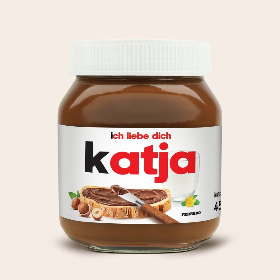 Personalisiertes nutella®-Glas Personalisiertes nutella® Glas mit weißem Deckel, bedruckt mit dem Namen Katja und