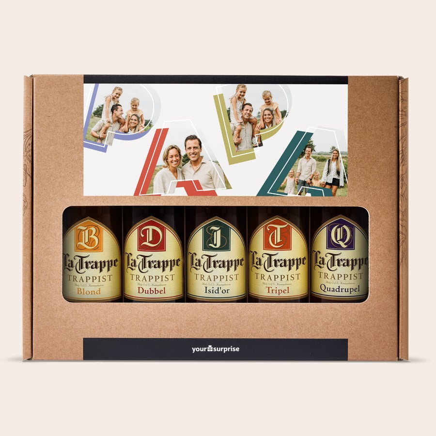 Gepersonaliseerd bierpakket Trappist-bierpakket met vijf flessen en foto's geprint op de gepersonaliseerde labels.