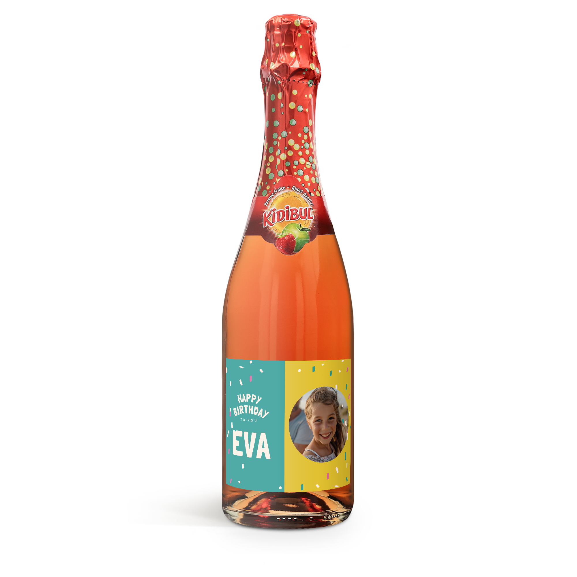 En personlig flaska Kidibul barnbubbel med etikett tryckt med bild på en flicka och texten Happy Birthday Eva.