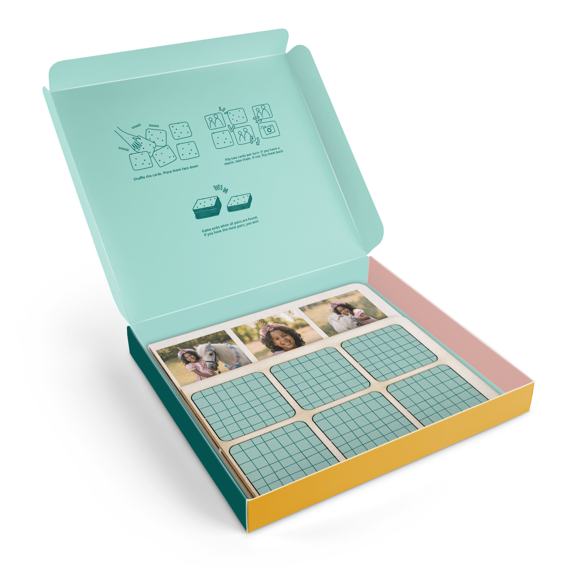 Memory spel met foto - 15x2, gepersonaliseerd met eigen foto's, in een vrolijke geschenkdoos met instructies.
