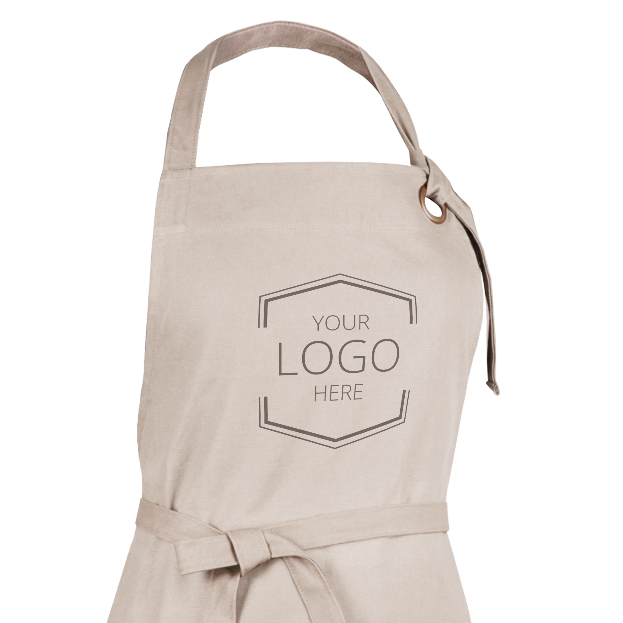 Vitt personligt förkläde med texten Your Logo Here, anpassningsbar med egen design