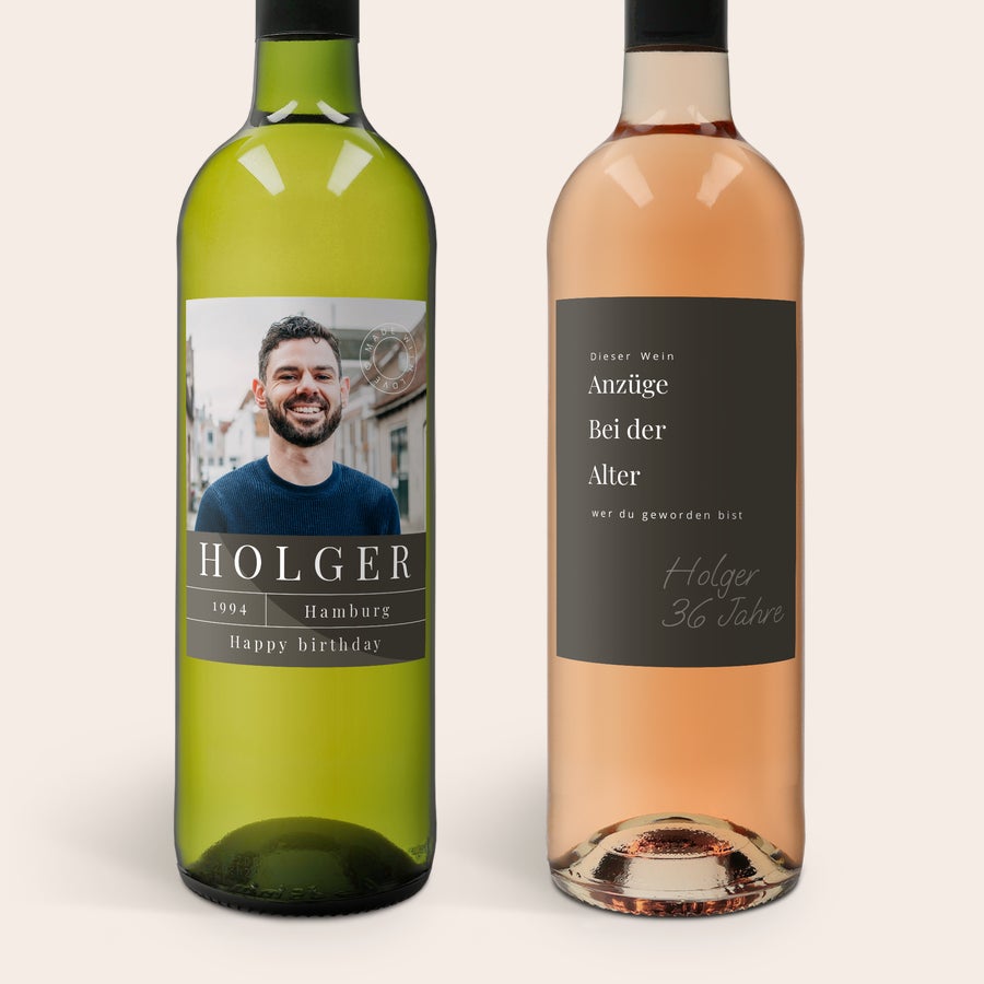Belvy Rot & Weiß & Rosé - Wein Geschenkset Holzkiste Wein Geschenkset Belvy mit eigenem Etikett bedruckt mit Foto von Holger, Geburtstagstext und Name