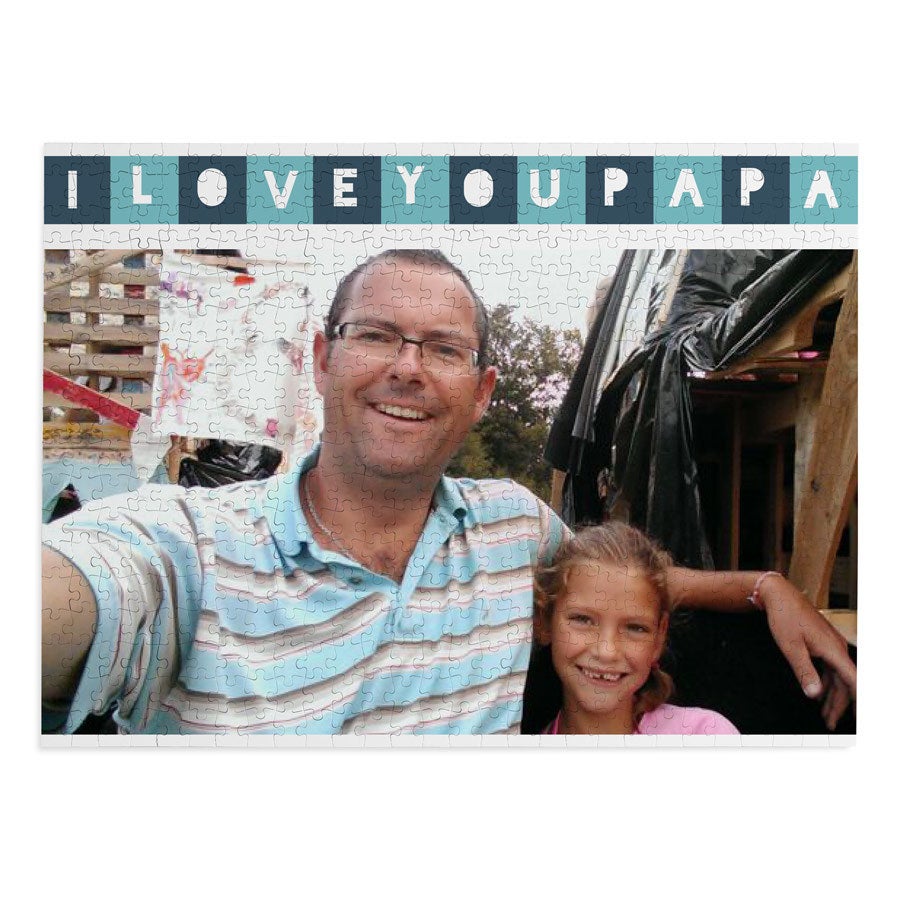 Puzzle Fête des Pères personnalisé avec photo imprimée dun père et sa fille et le texte I LOVE YOU PAPA