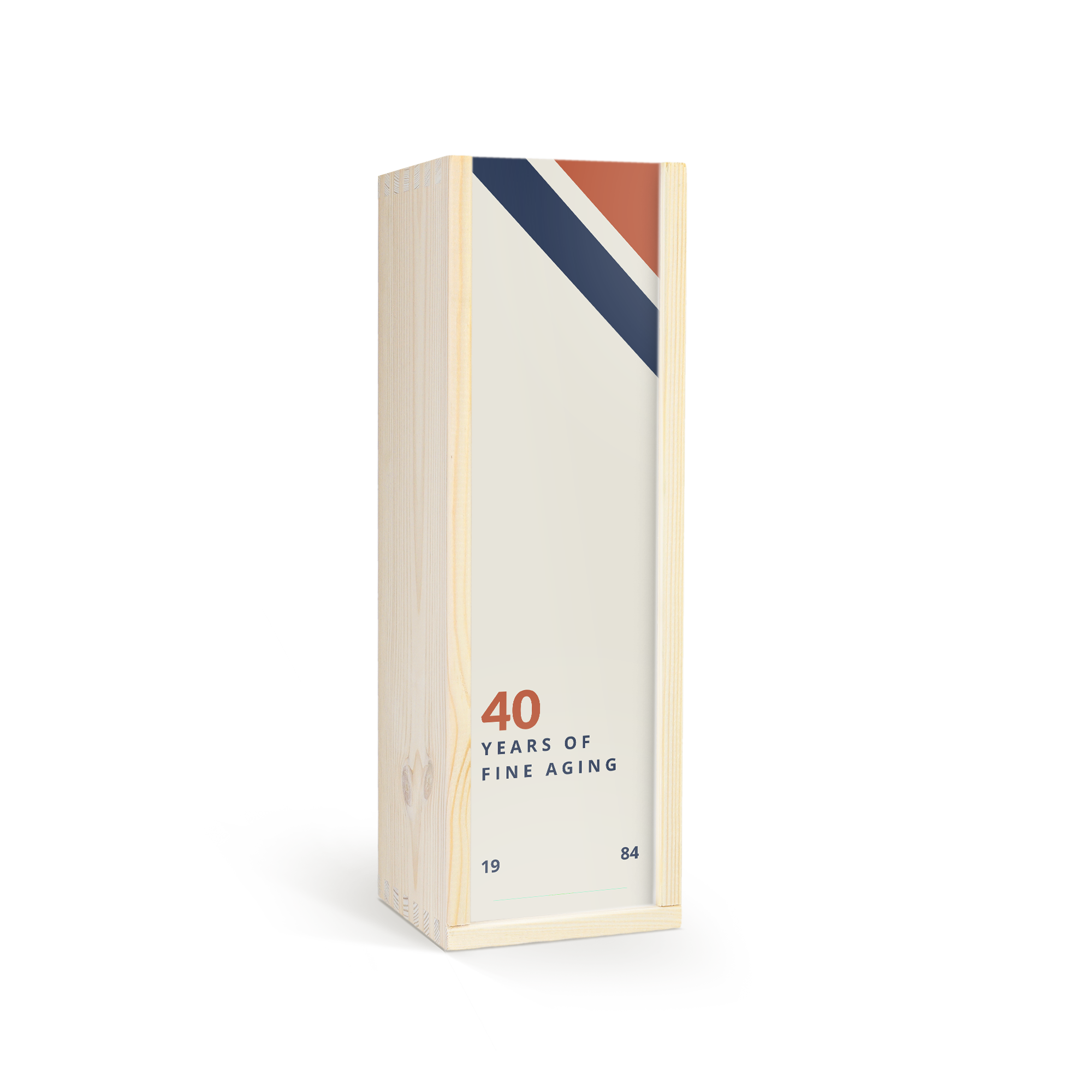 Personalized wooden case for a delicious bottle of Glen Talloch whisky, printed with "40 Years of Fine Aging" and custom dates