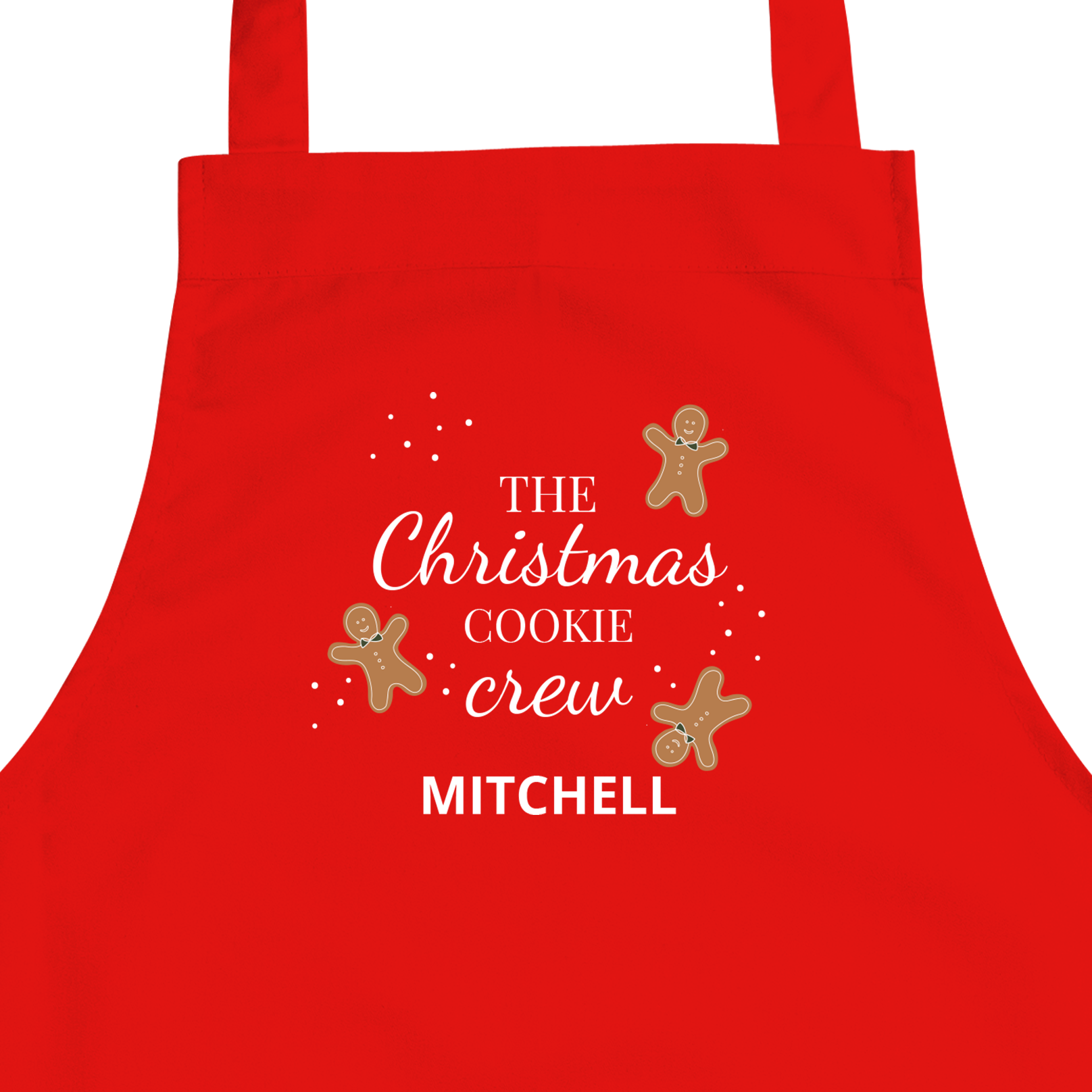 Rött personligt förkläde för barn med tryckt text The Christmas Cookie Crew Mitchell och pepparkaksgubbar. Även den minsta kocken behöver ett eget personligt förkläde.