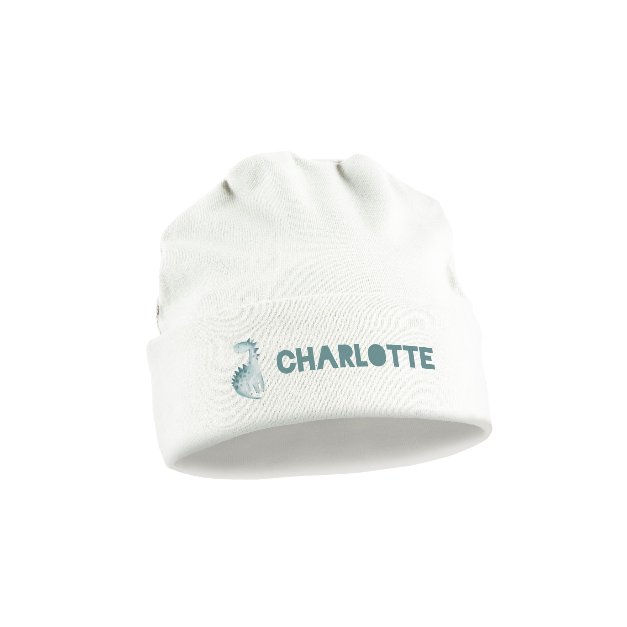 Hvid babyhue med navn "CHARLOTTE" og grå dinosaurus, trykt med et personligt design