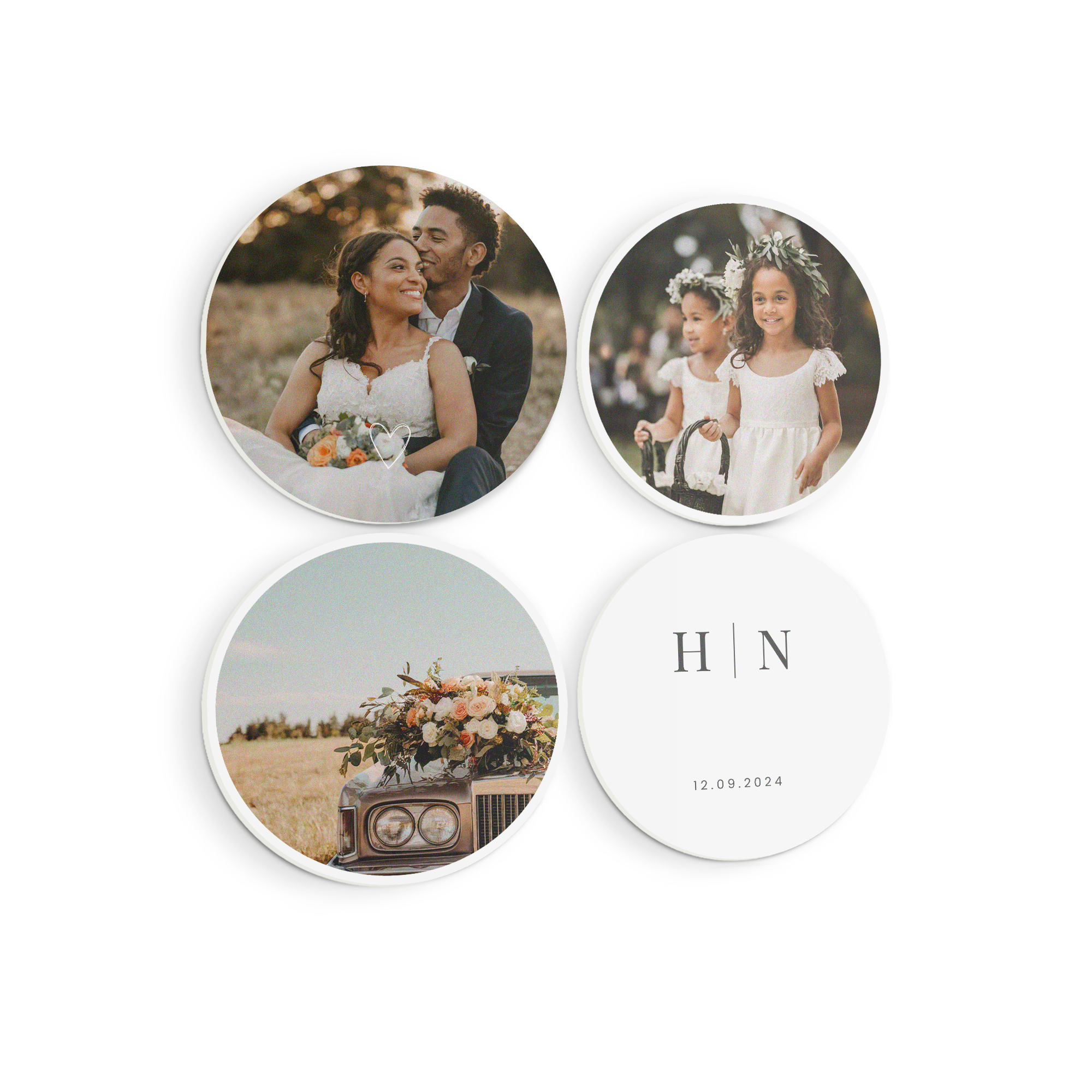 Four round forex wall art panels showing wedding photos and the date 12.09.2024 with initials HN.