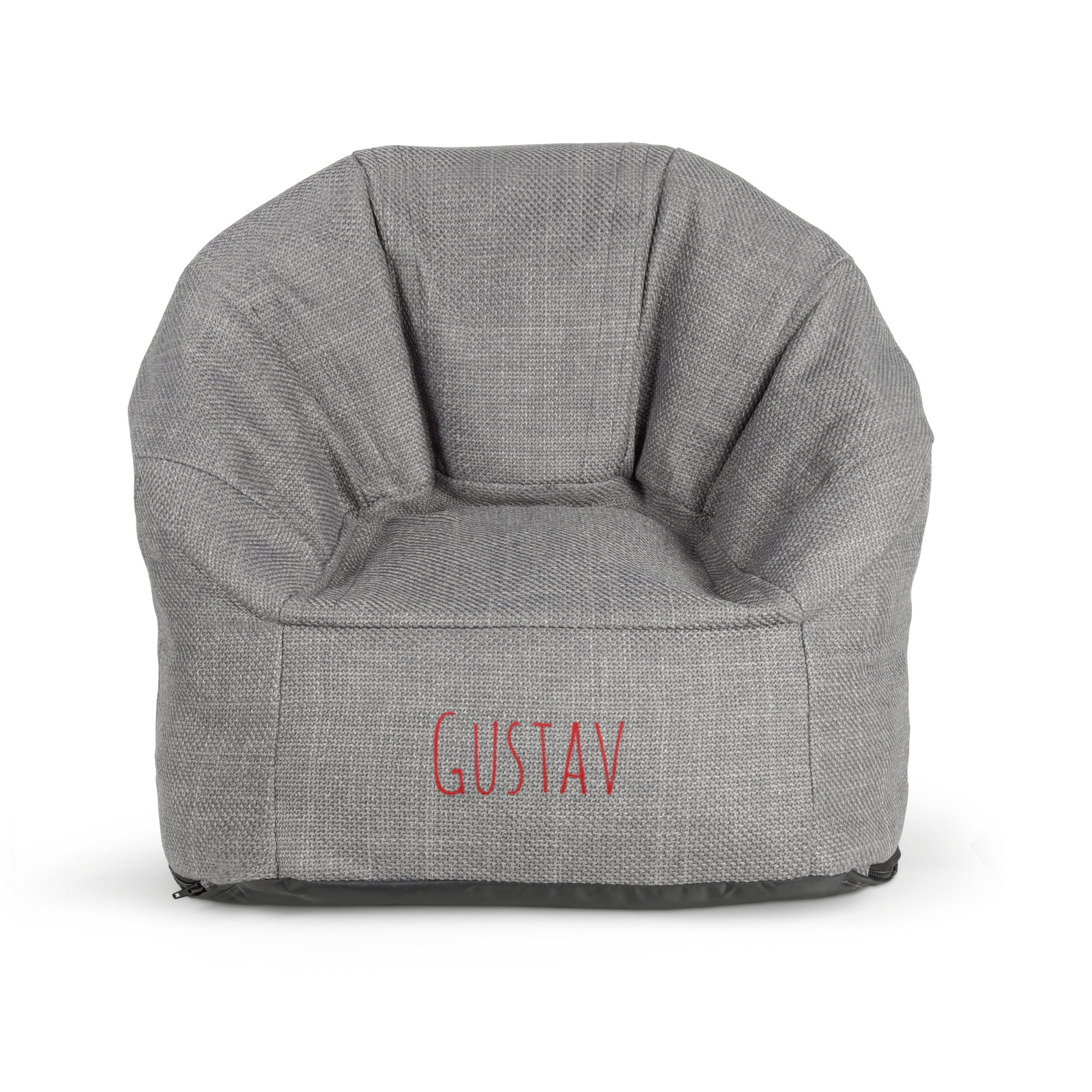 Grauer Kindersitzsack, bestickt mit dem Namen GUSTAV in Rot, ideal als Kindersitzsack bestickt mit eigenem Namen