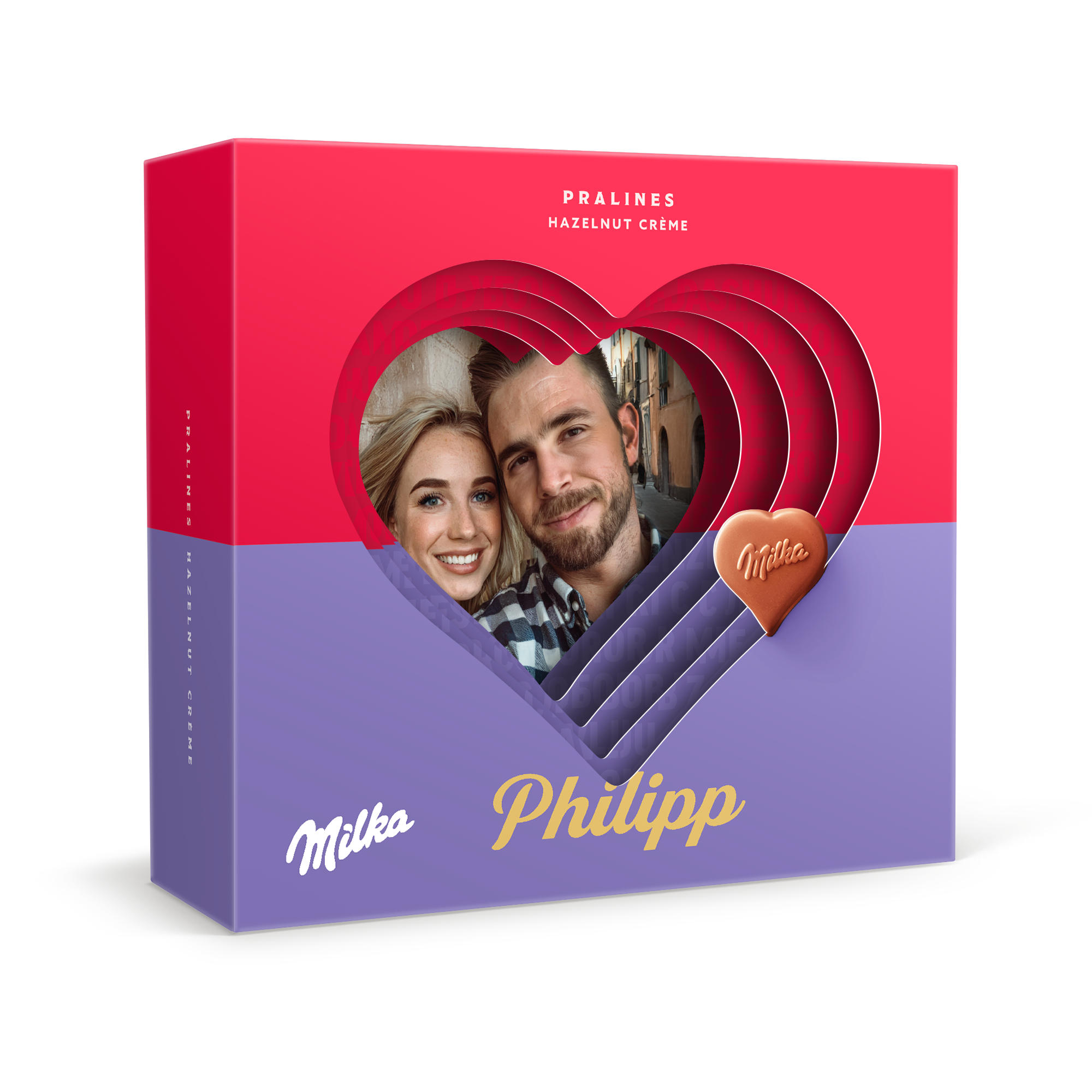 Personalisierte Milka Herzen 3D-Geschenkbox mit einem Foto eines Paares und dem Namen Philipp bedruckt.