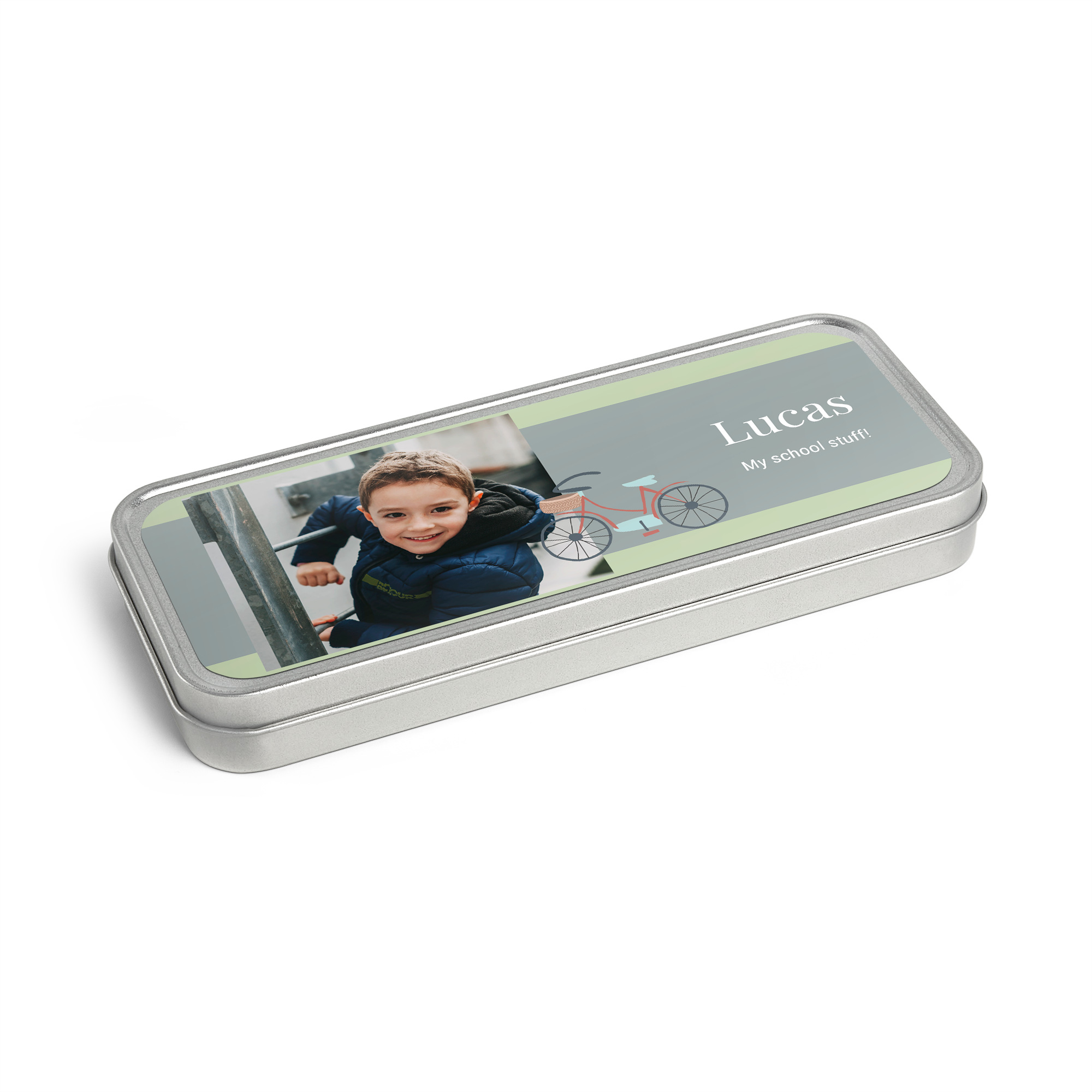 Personalised pencil tin with a photo of a boy a bike illustration and the name Lucas printed on it to keep your favourite pens and pencils