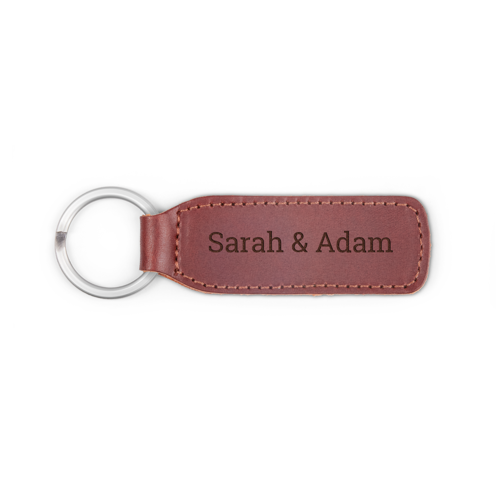 Brown leather keychain with a metal ring, engraved with the names Sarah and Adam for your set of keys.