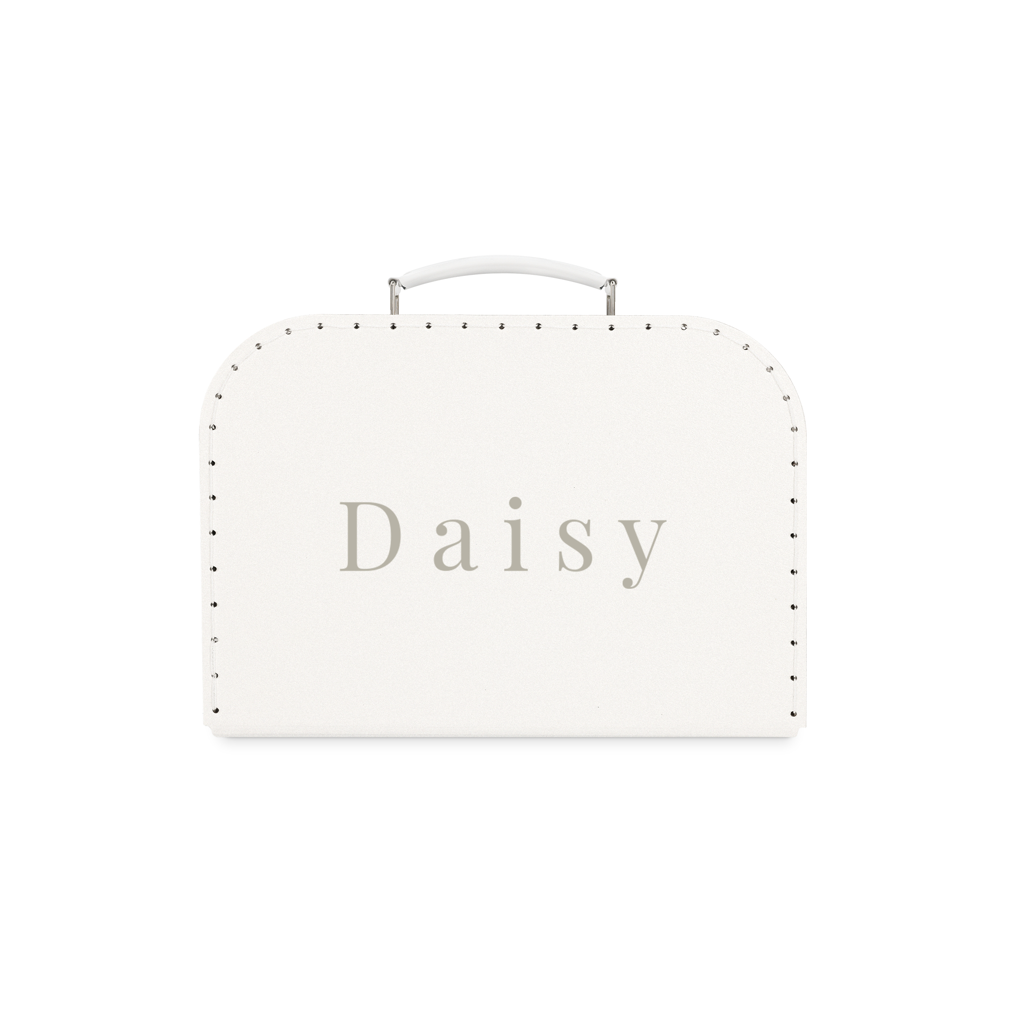 Fehér, Daisy névvel nyomtatott játékbőrönd, egy útitárs, amely kizárólag az övék, ezüst fogantyúval és patentokkal