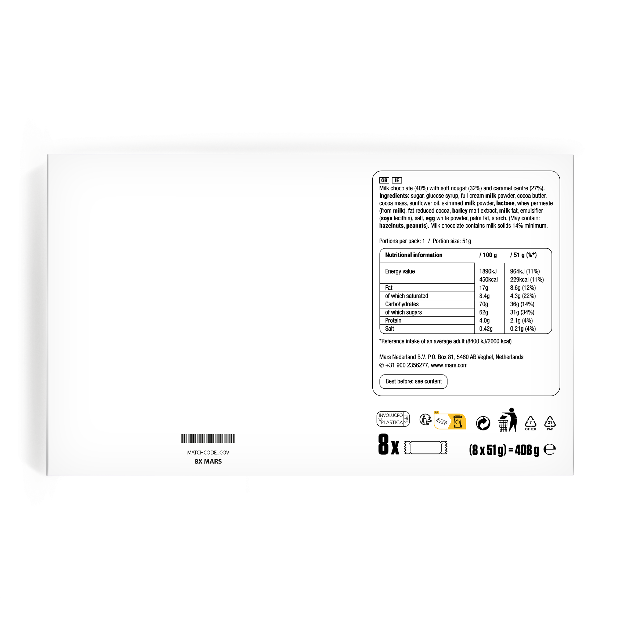 Parte trasera de una caja de regalo personalizada de Mars con información nutricional y detalles del producto.