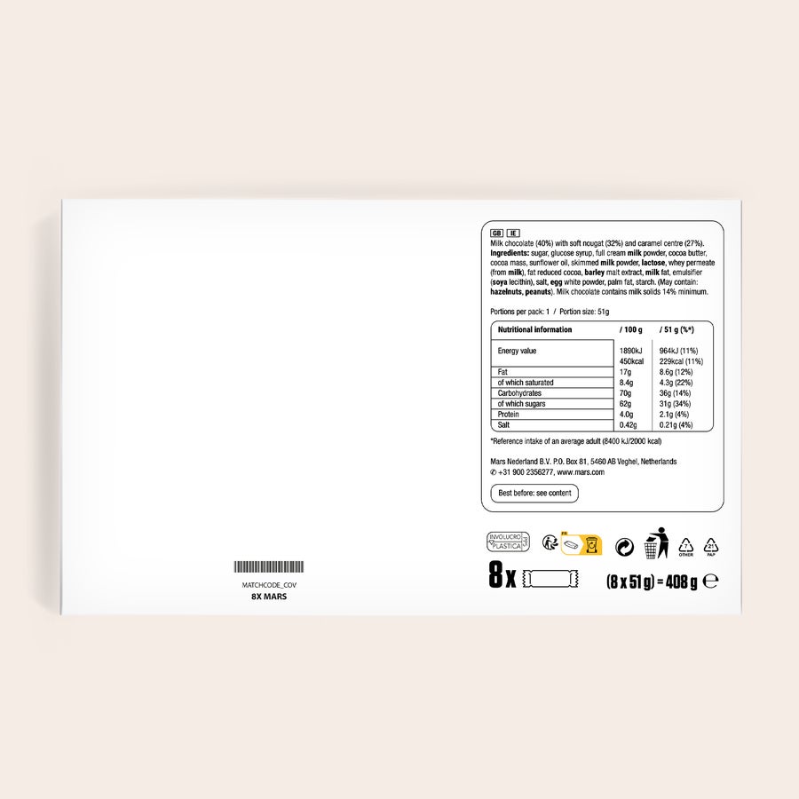 Caja de regalo personalizada de Marte Parte trasera de una caja de regalo personalizada de Mars con información nutricional y detalles del producto.